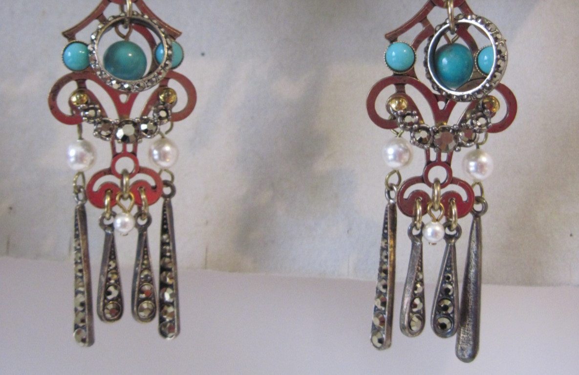 Lanvin Paris France Long Shoulder Multi Colored Faux Stones Crystal Earrings