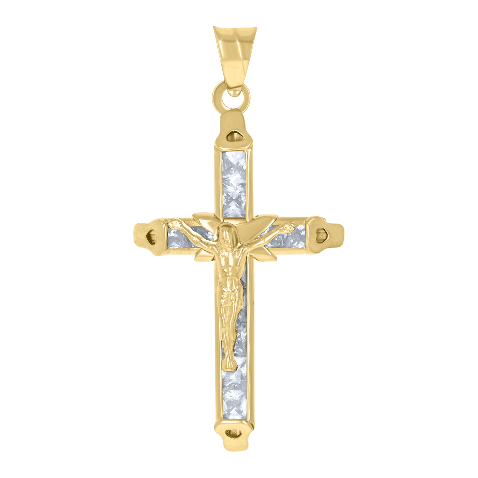 10K Yellow Gold Princess CZ Unisex 1.35″ Religious Charm Jesus Crucifix Pendant