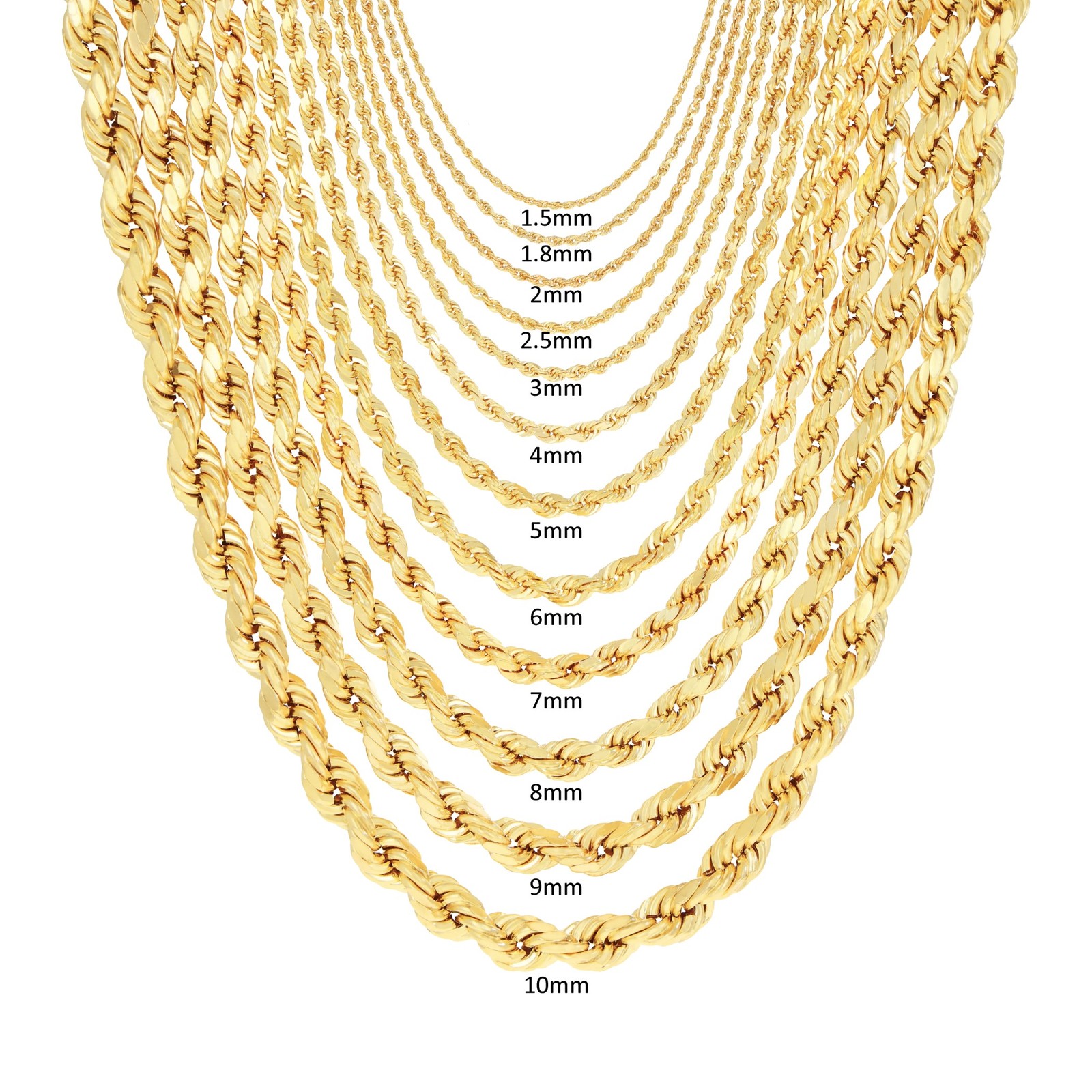 14K Yellow Gold 1mm-10mm Diamond Cut Rope Chain Necklace Mens Women 16″- 30″