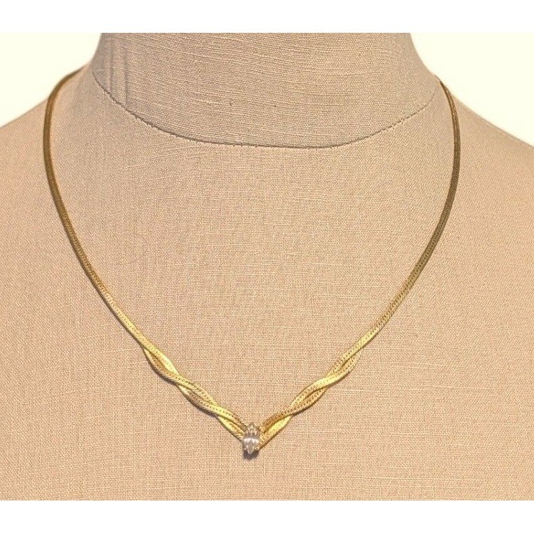 Vintage Gold Plated Herringbone Twisted V Necklace Marquise Crystal SP Signed