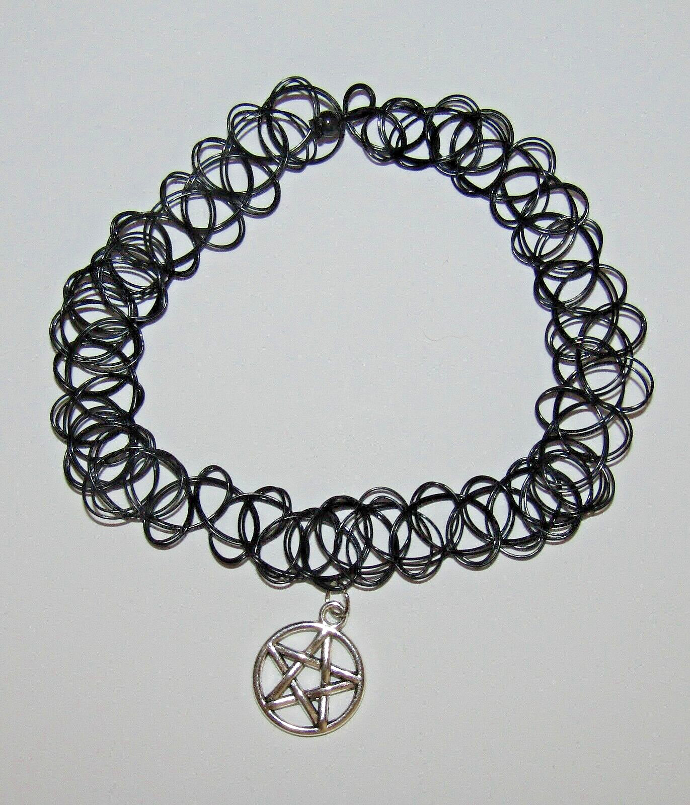 Pentagon black choker tattoo stretch necklace silver pentagon fast UK delivery