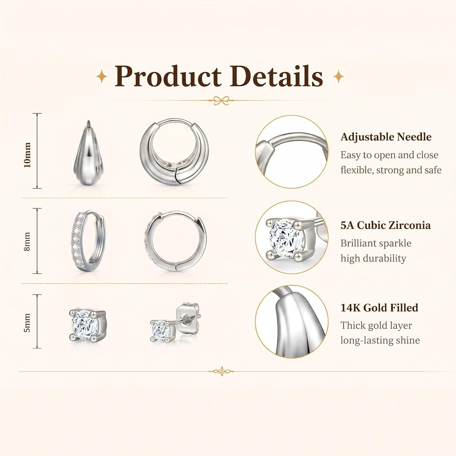 3Pcs Stackable Earrings Set for Multiple Piercings – Gold & Silver Plated Huggie