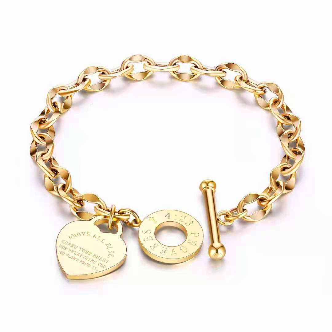 Gold Silver Stainless Steel Heart Charm Link Chain Flower Toggle Bracelet 7″ AC