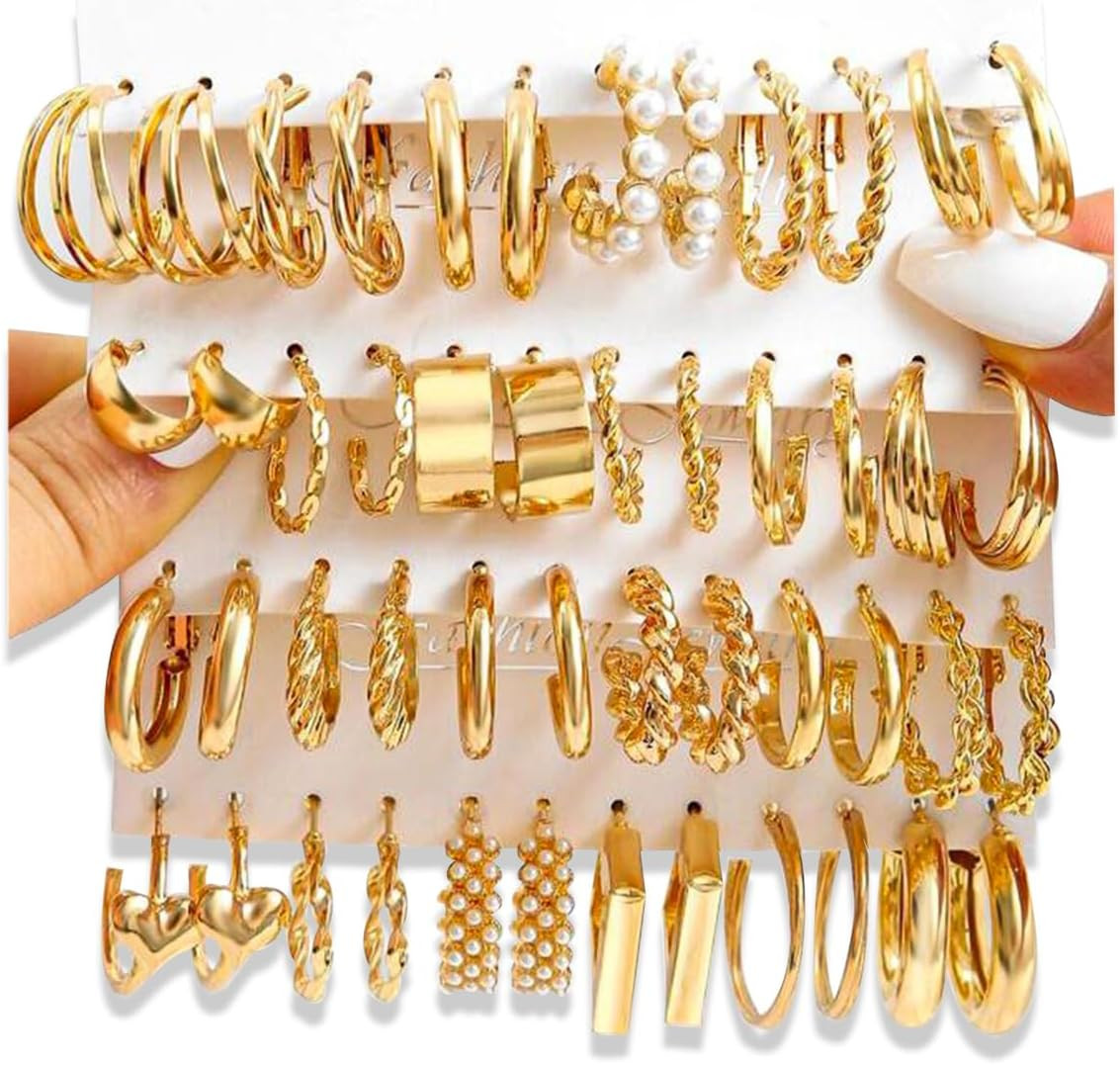16-24 Pairs Gold Silver Black Earring Set for Women, Chunky Earring Multipack Pu