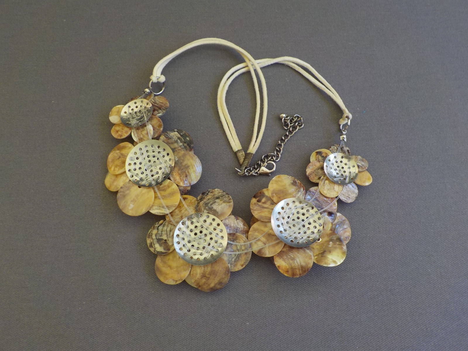Flower Shell Necklace Bead Plastic Cord Metal Layered Petals Floral Handmade