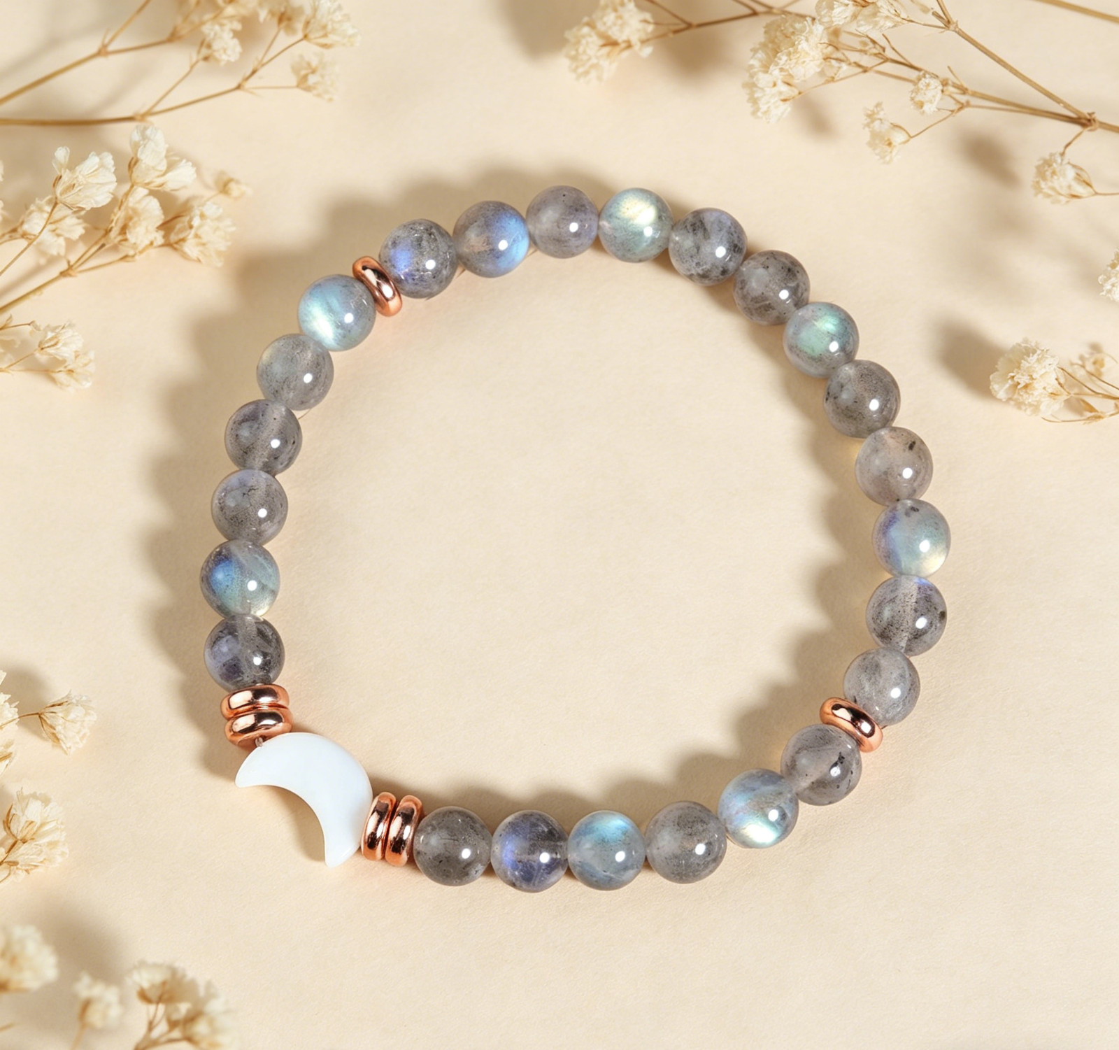 Labradorite Moon Phase Stretch Bracele, Intuition Energy MOP Charm Jewelry Gift