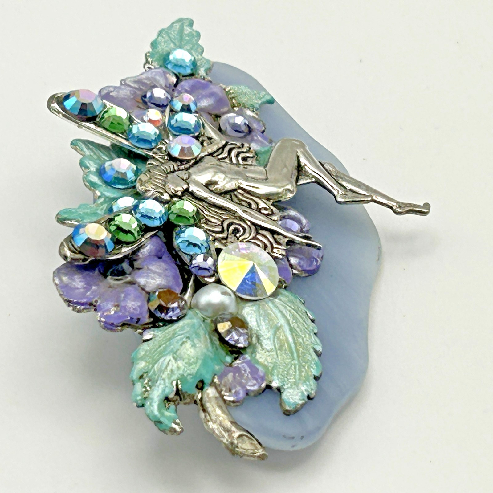 Fantasy Fairy Brooch AB Rhinestone Wings Flowers Leaves Whimsical Jewelry 2.5in