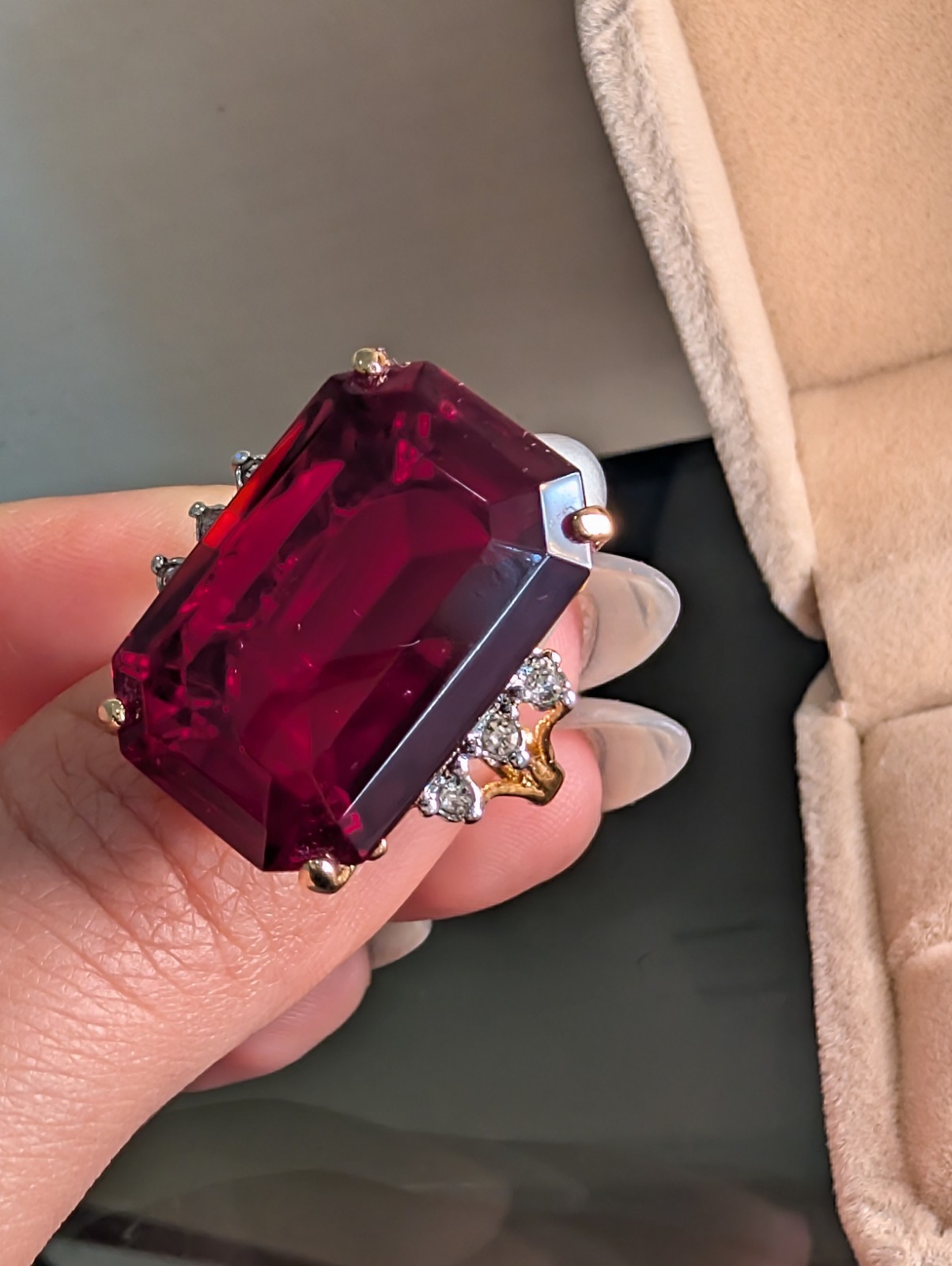 Massive Ruby-Style Red Stone Cocktail Ring 18K GEP Glam Size 8.75