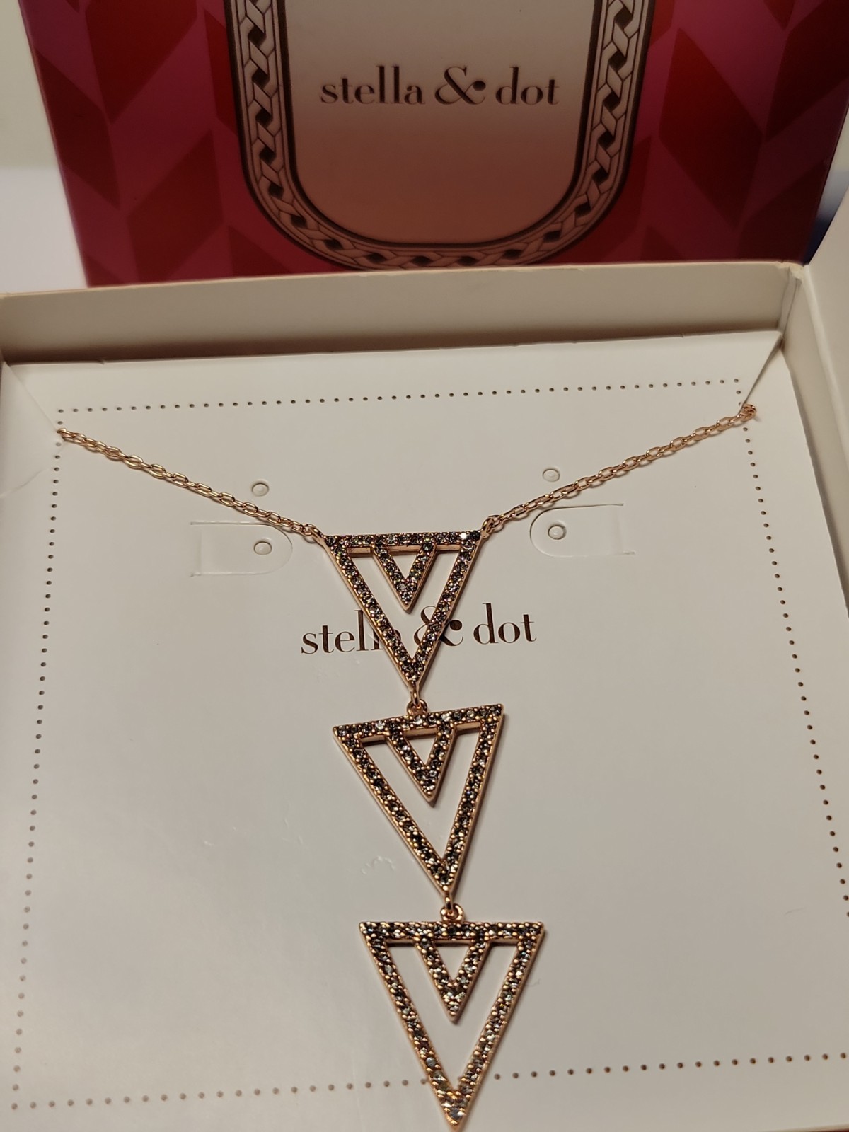 New In Box Stella & Dot Pave Crystal Spear Necklace Rose Gold Triangle 16/18in.