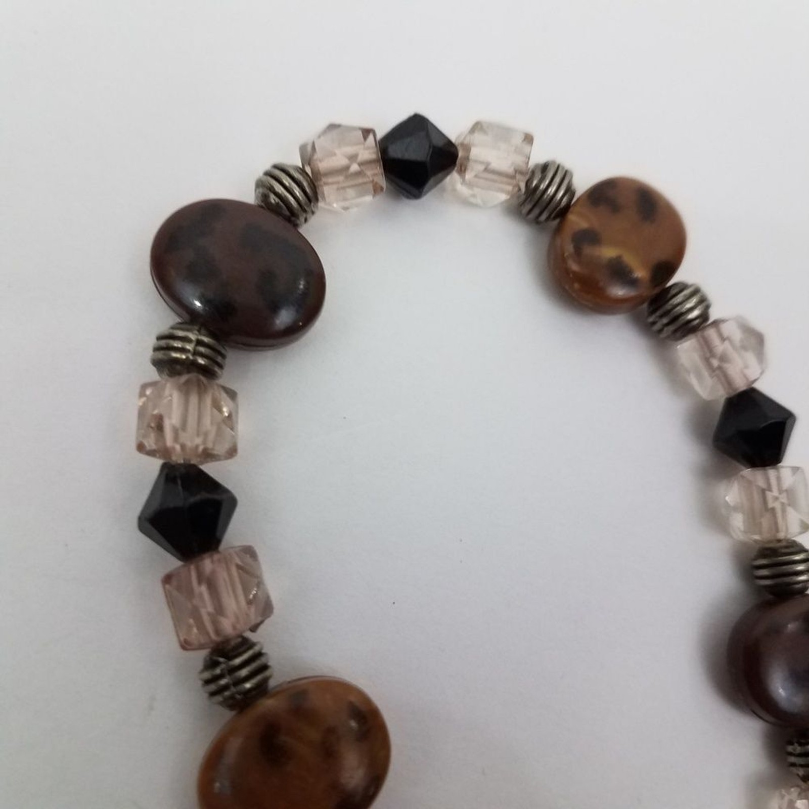 Brown Faceted Beaded Bracelet Pink Silver Tone Dot Animal Print Black 8
