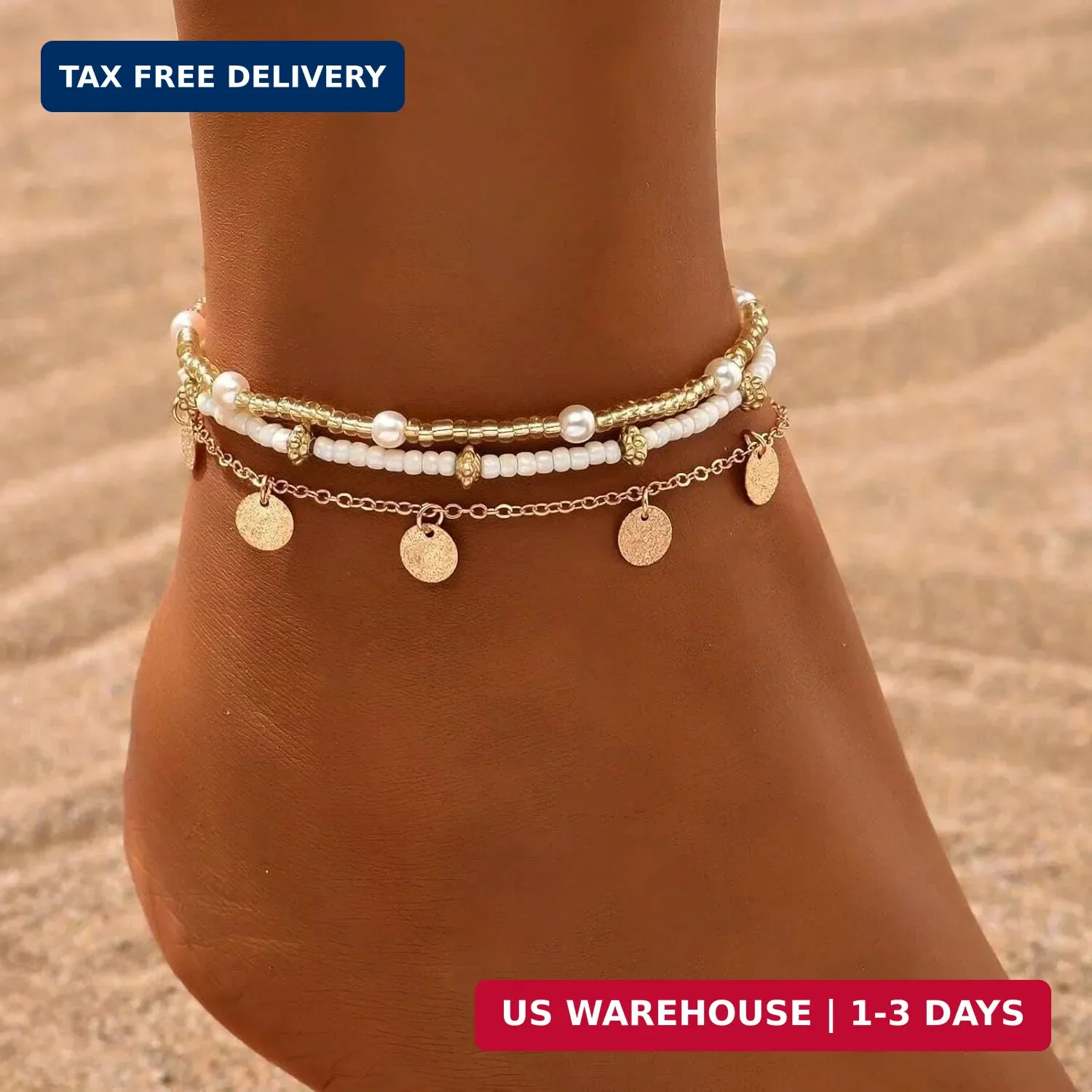 Qceasiy Shell Ankle Bracelet Set for Women, Gold Plated Boho Bead Adjustable Ank