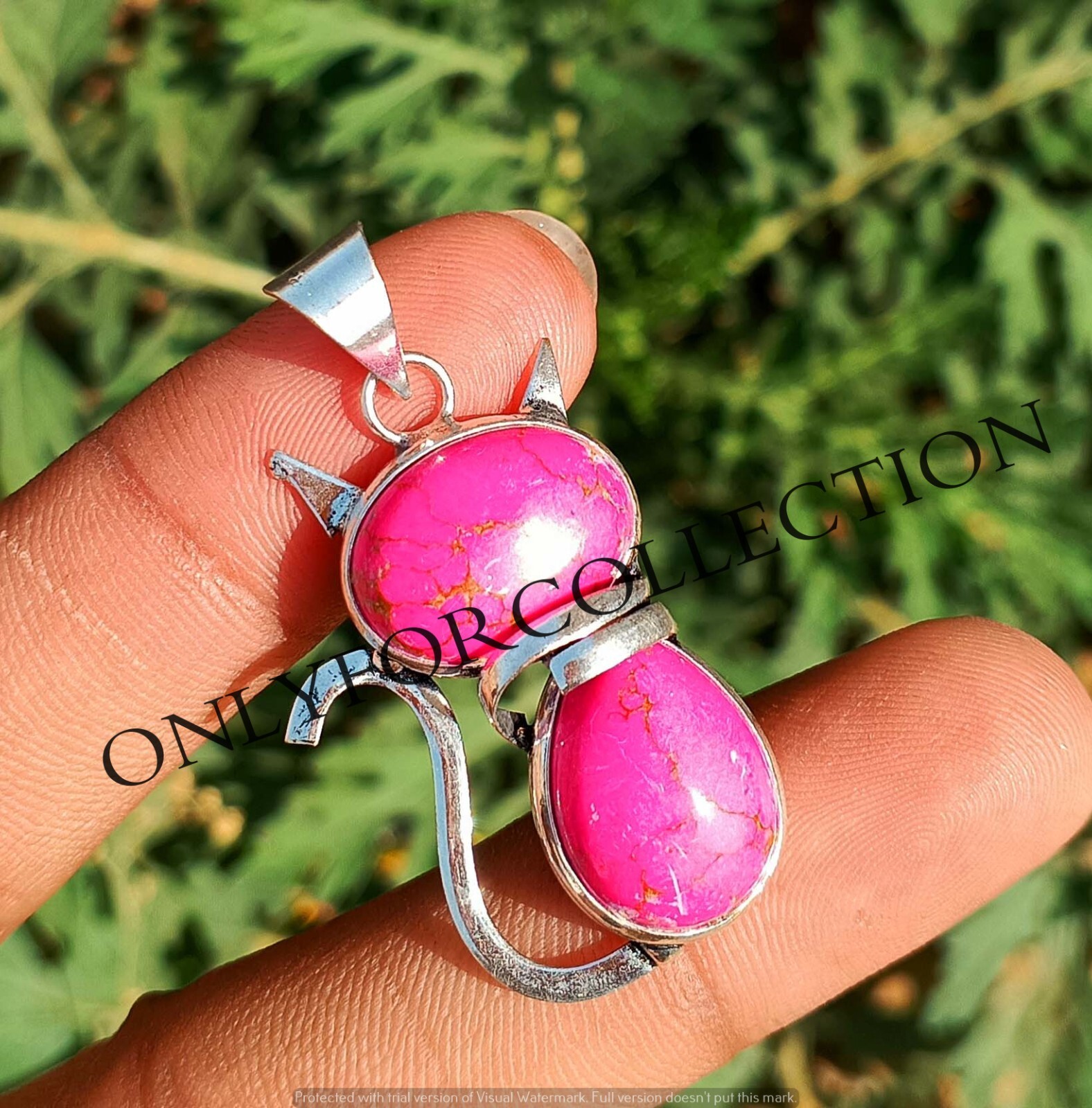 Pink Turquoise Gemstone 925 Sterling Silver Plated 1 PC Cute Kitten Pendant