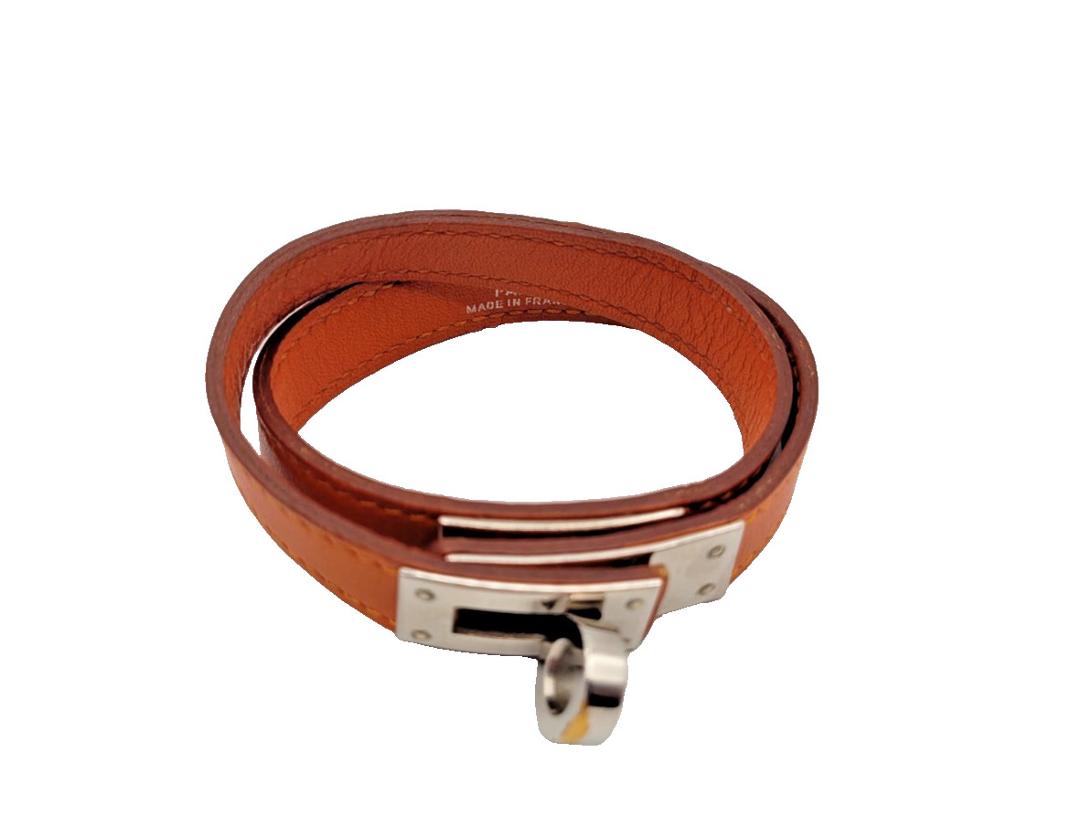 Hermès Double Tour Kelly Bracelet Orange Leather Palladium Size 1
