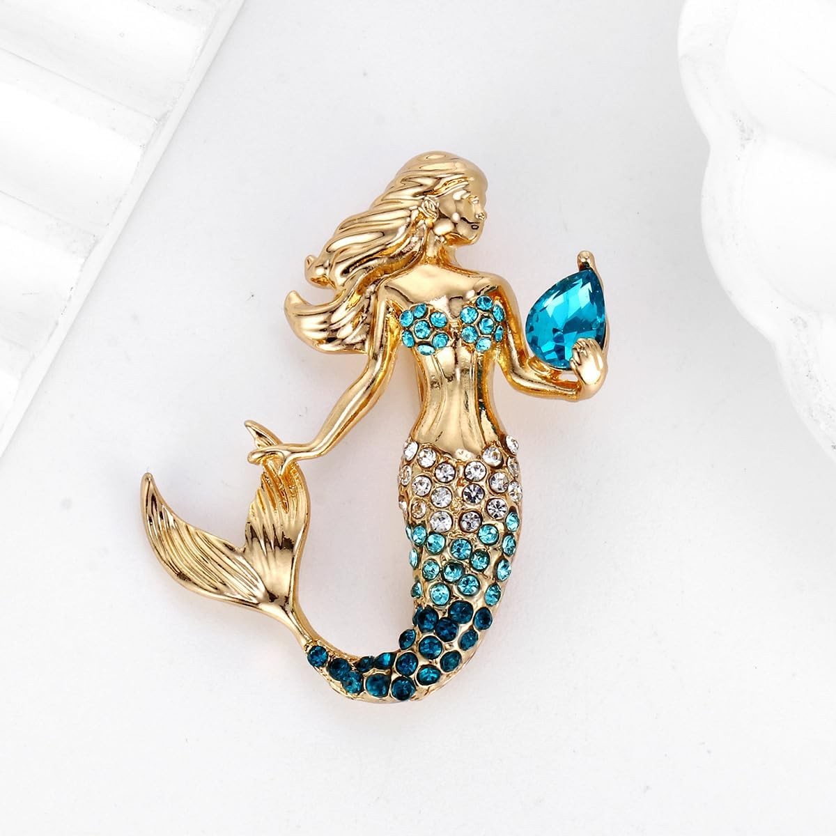 Fish Tail Mermaid Brooch Zinc Alloy Gold Plated Crystals Pins for Women