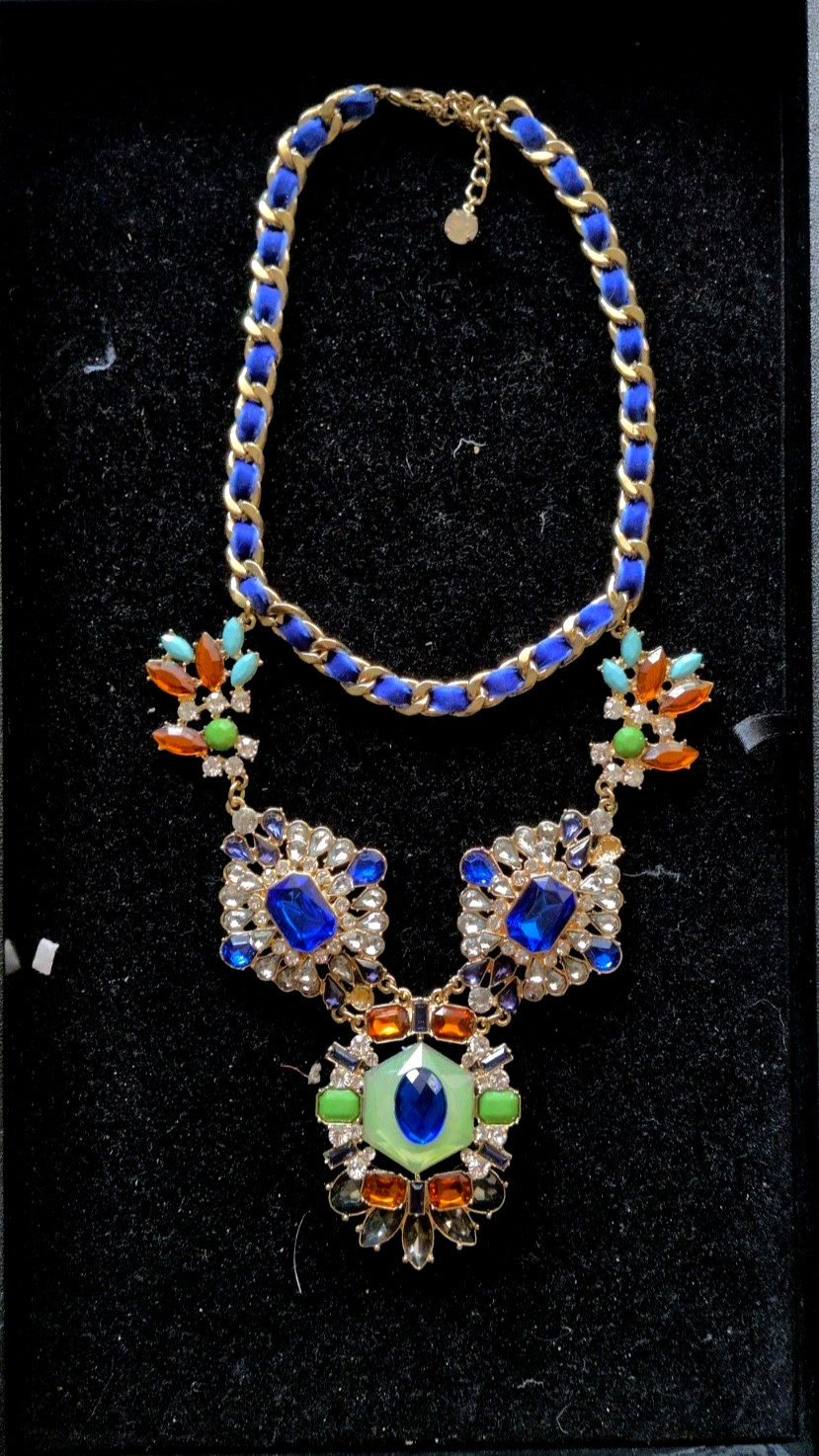 ZARA STATEMENT NECKLACE Glass Rhinestones JEWELS Gold Chain Velvet Ribbon