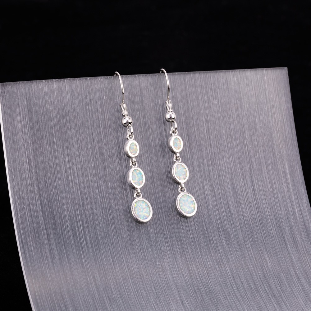 3 Oval Shape White Fire Opal Silver Jewelry Dangle Drop Earrings