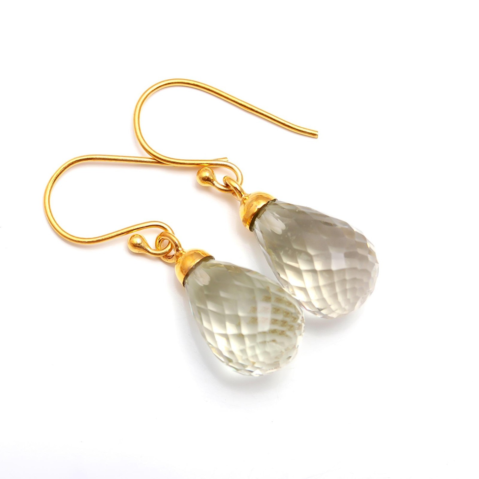 Natural Green Amethyst Teardrop Dangle Earrings Gold Plated Solid Silver Jewelry