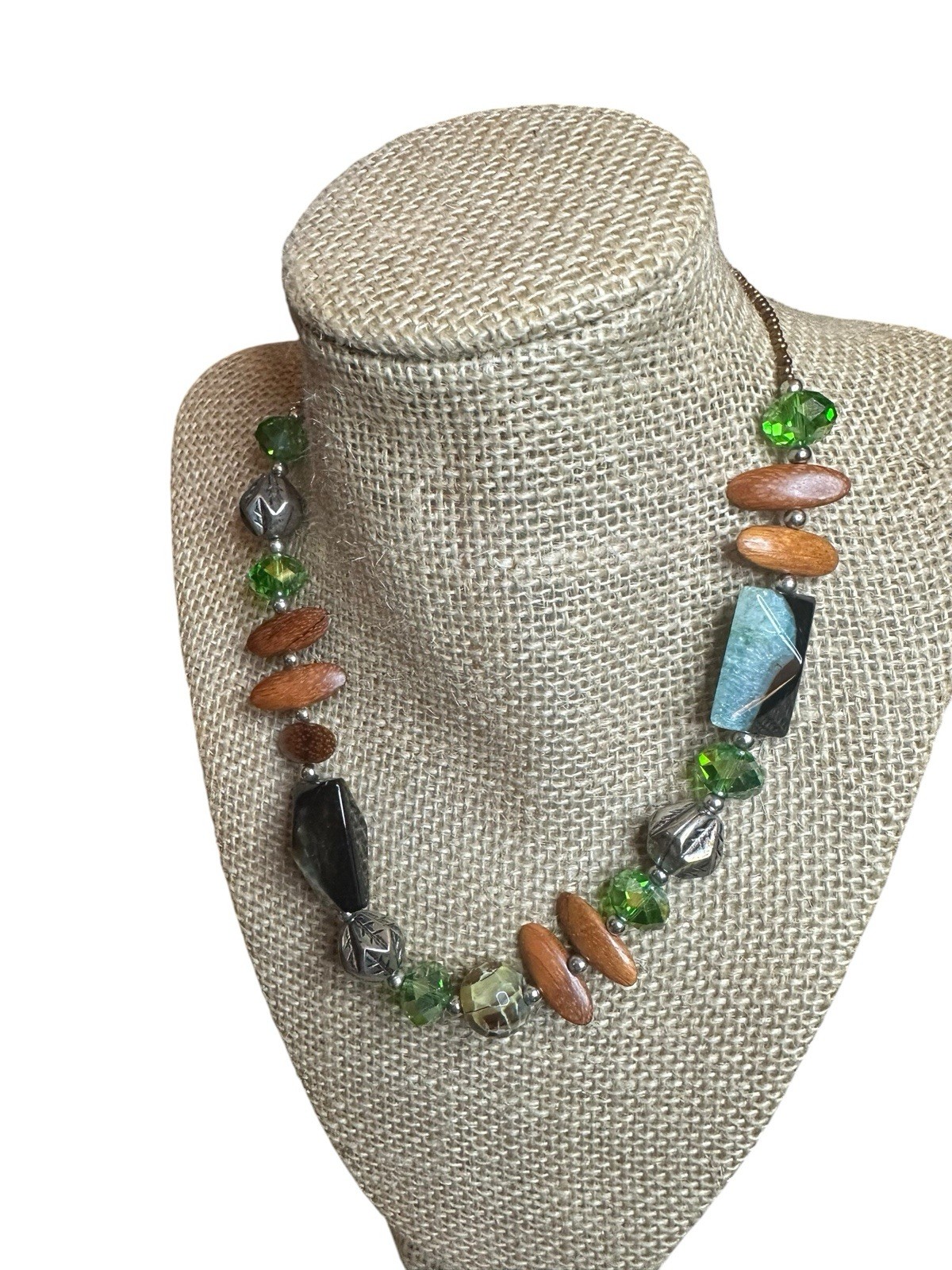 Mixed Media Beaded Statement Necklace Glass Wood Acrylic Adjustable Treska? 19”