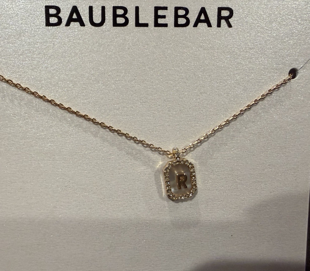 NWT Bauble bar Gold & Mother Of Pearl Initial Necklace “R” Gold Plated Brass