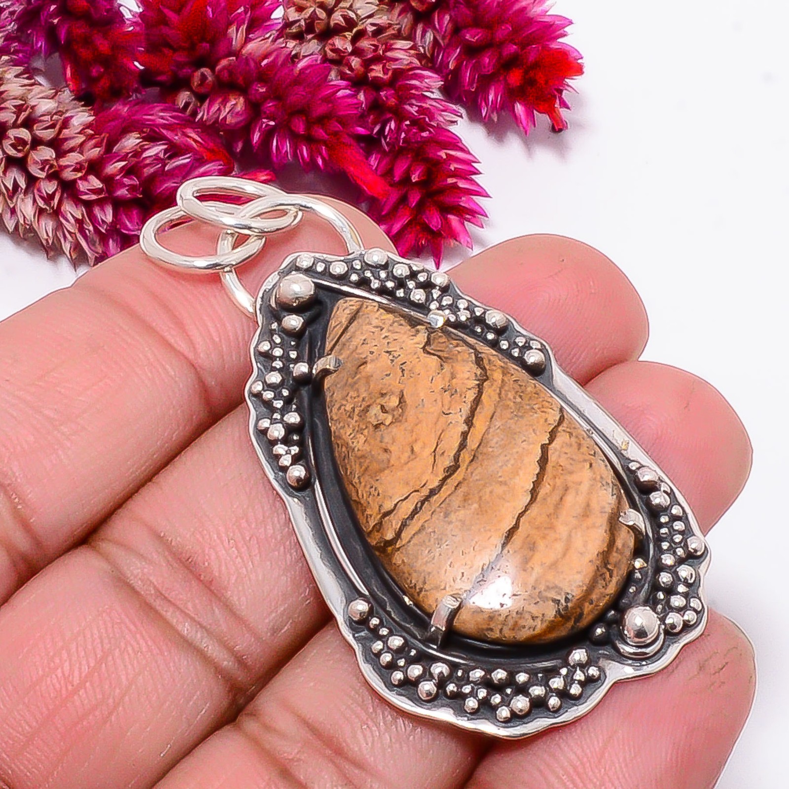 Picture Jasper Oxidised 925 Sterling Silver Pendant 2.34″ Sk2, Christmas Gift