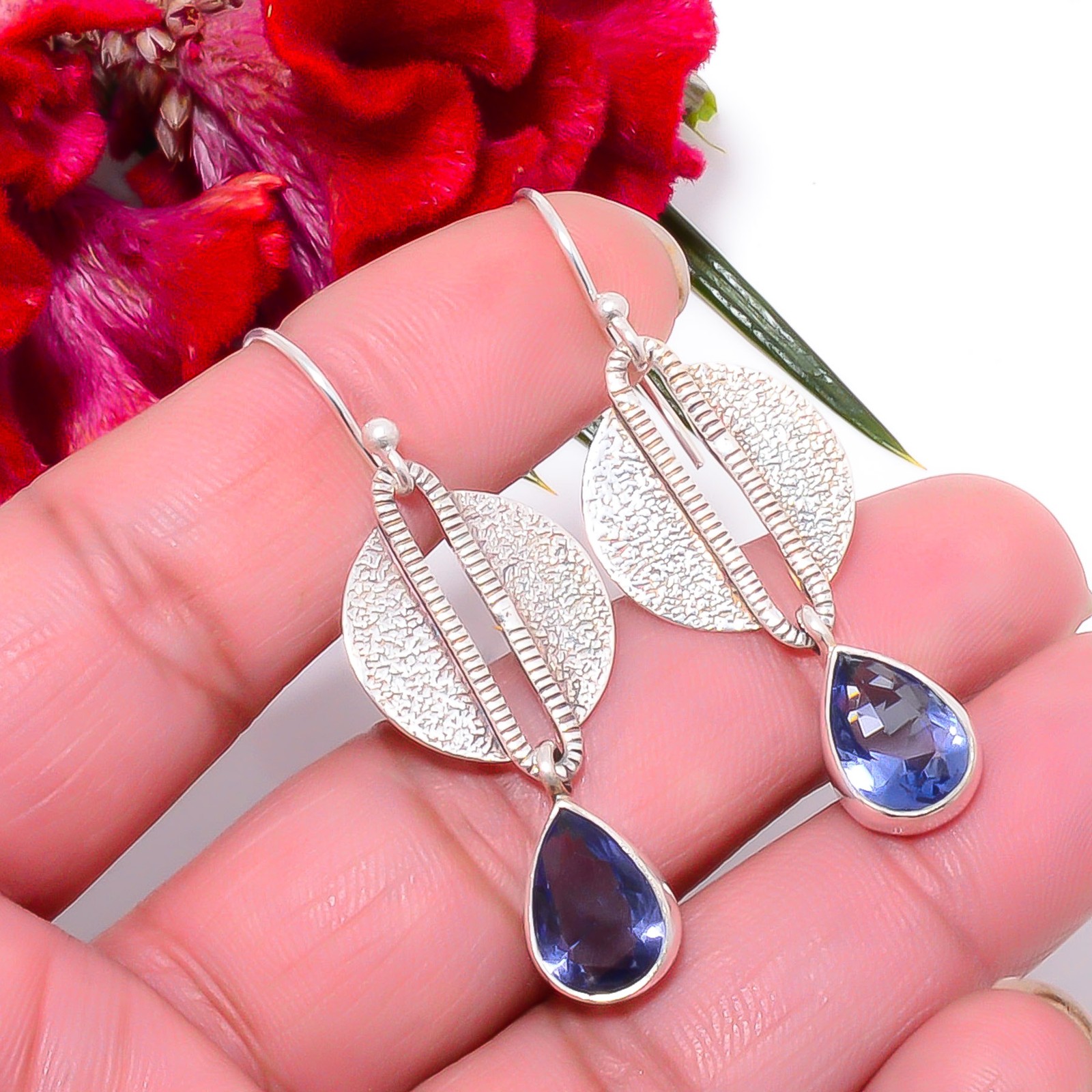 Iolite Oxidised Gemstone Designer Handmade 925 Sterling Silver Earring 1.95″ Su1