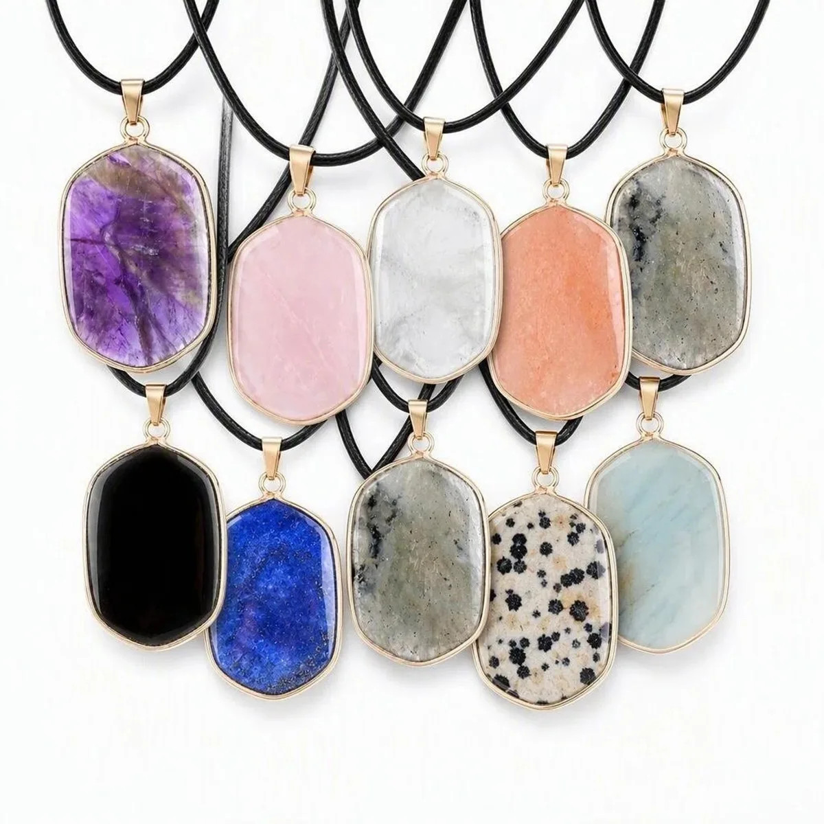 6PCS Healing Chakra Gemstone Pendant Necklace Black Cord Gold Charms Choker