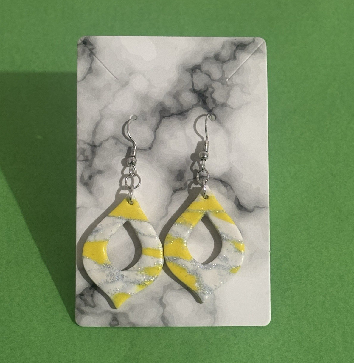 Handmade Yellow & White Teardrop Dangle Drop Earrings Silver Holographic Glitter