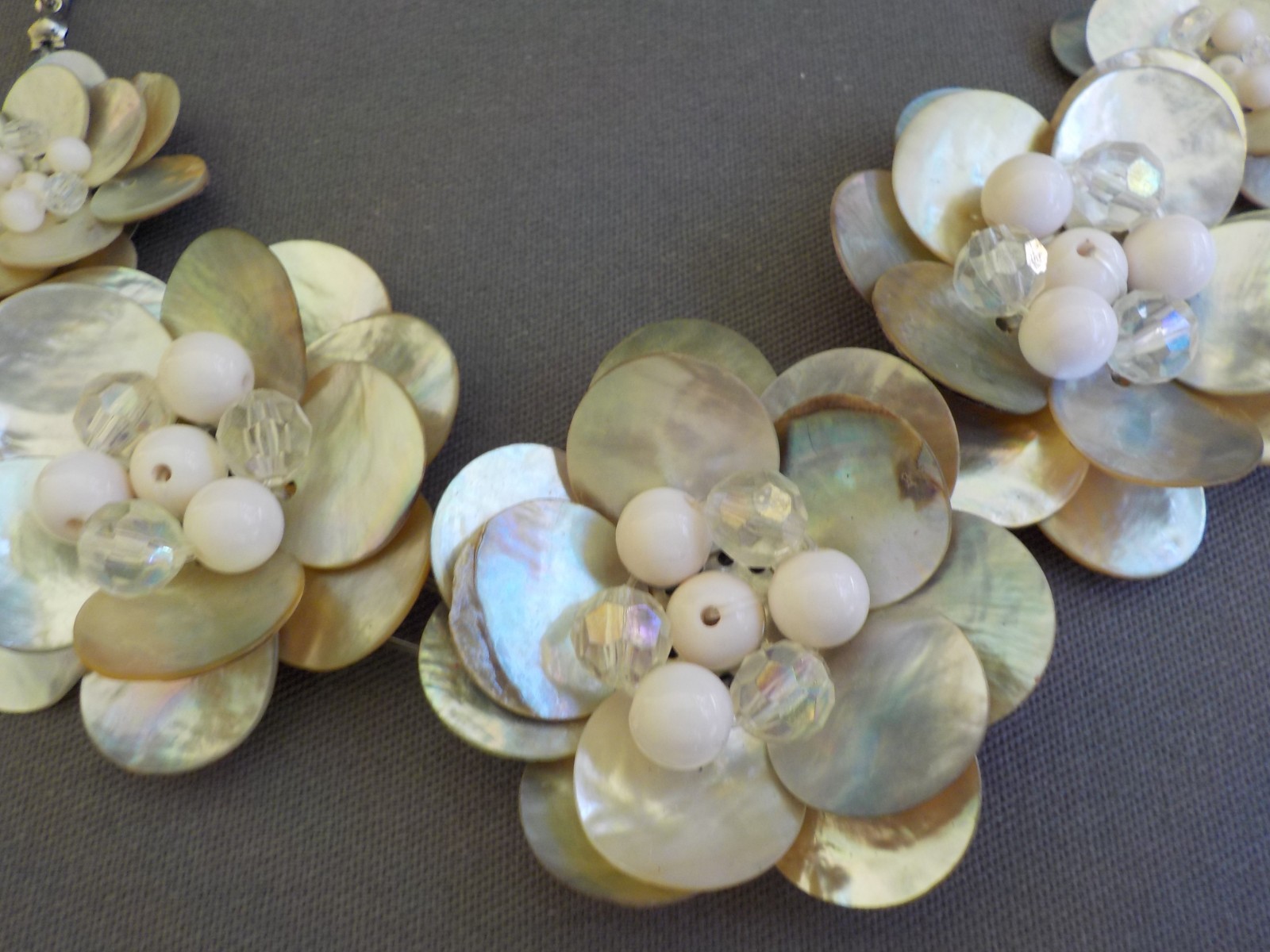 Flower Shell Necklace Bead Plastic Cord Metal Layered Petals Floral Handmade