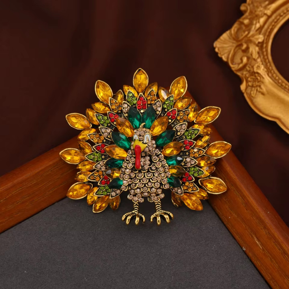 Vintage Retro Fall Thanksgiving Turkey Brooch Pin – Yellow Crystal Jewelry Gift