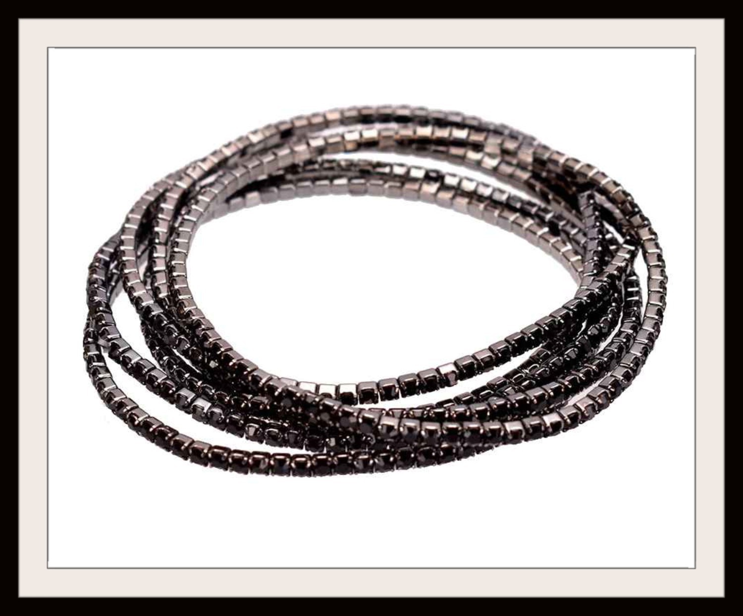 5 Black Crystal Stretch Bracelets Gunmetal Plated Stackable Special Occasion
