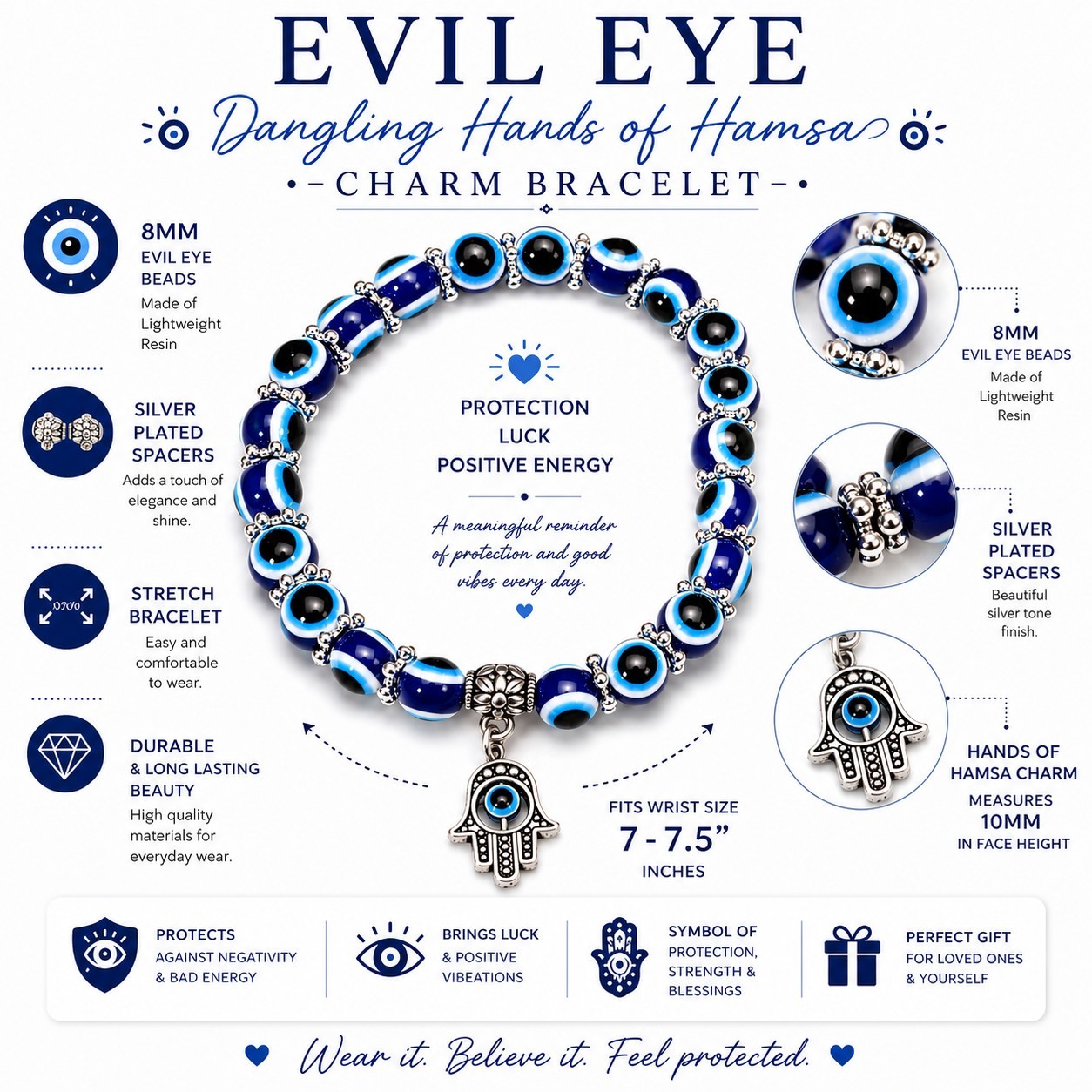 Evil Eye Hamsa Hand Charm Bracelet 8mm Blue Beads Silver Plated Spacer Stretch 7
