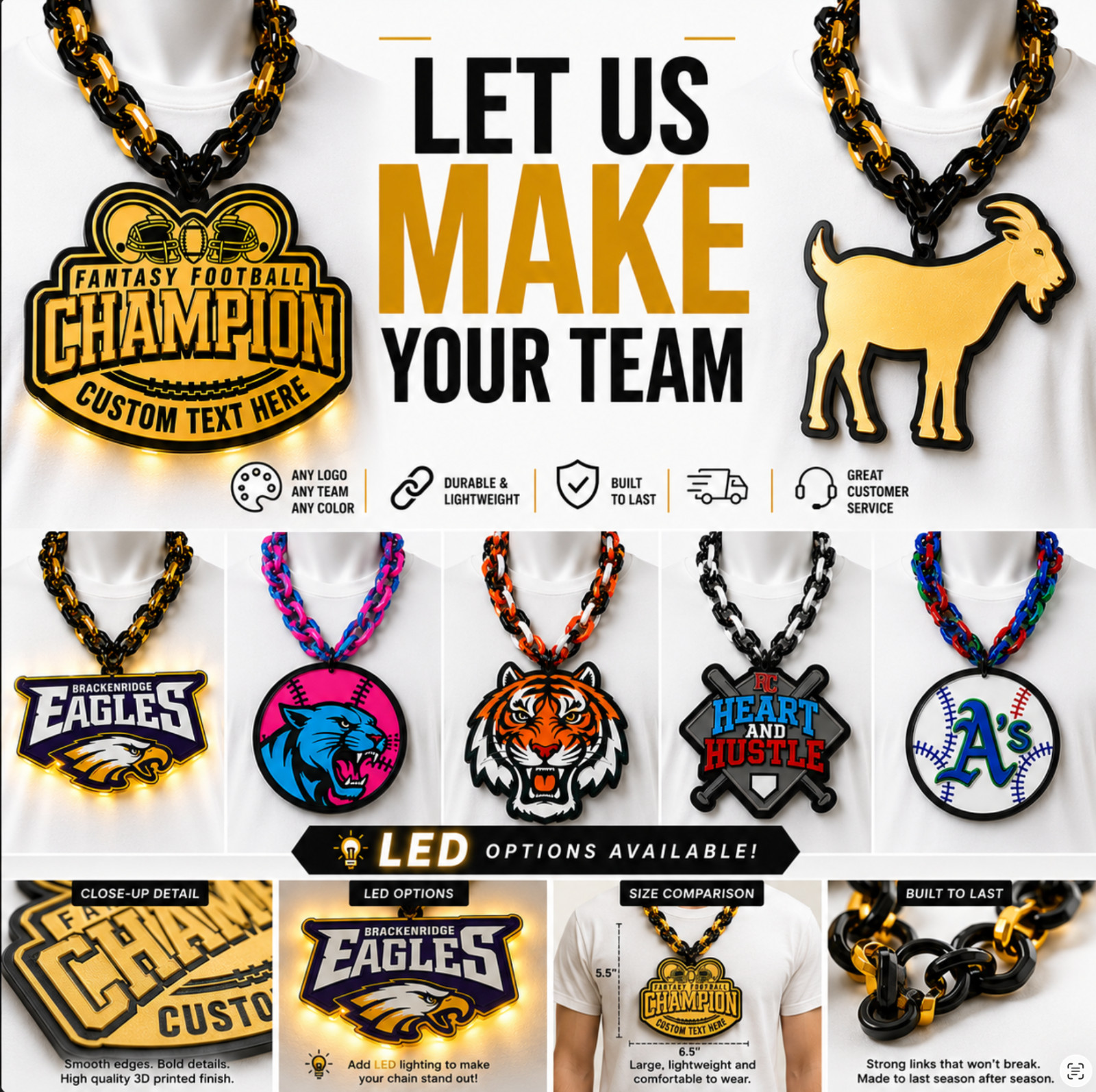 Custom Sports Team Fan Chain School Logo Necklace MVP Oversize Turnover Hype LED