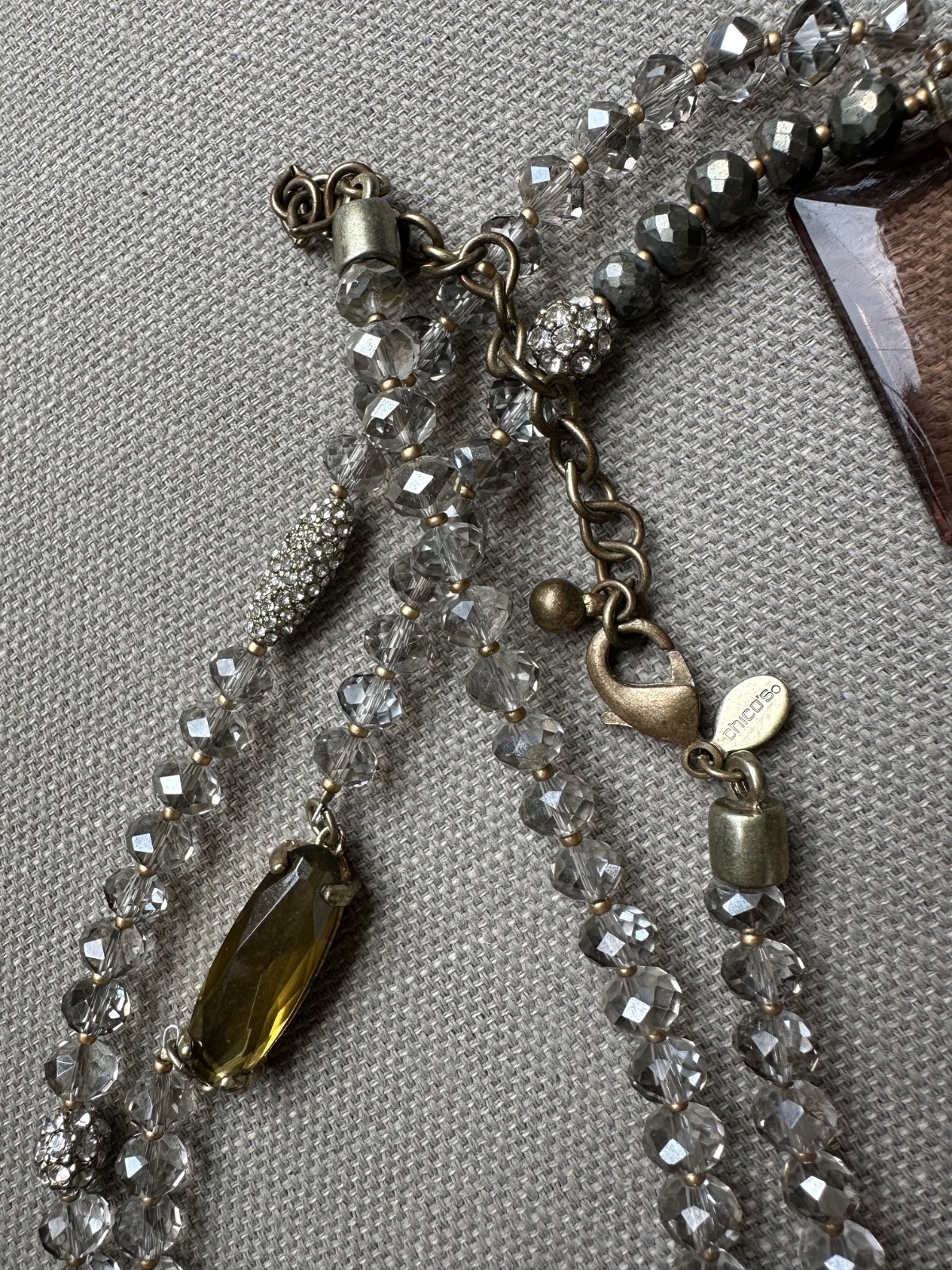 Vintage Chico’s Necklace Long Glass Beads Tassel Bronze Rhinestones 35 in