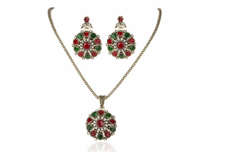 Turkish Simulated Emerald & Ruby Necklace Pendant Earrings Women Wedding Jewelry