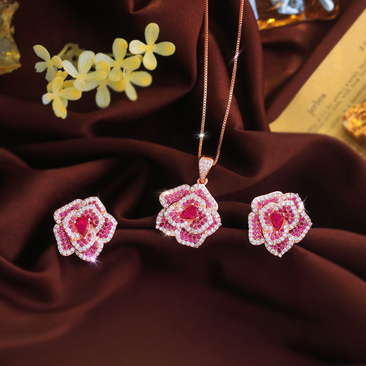 Rose Gold Plated Rose Red Flower Earring and Pendant Necklace Zircon Jewelry Set