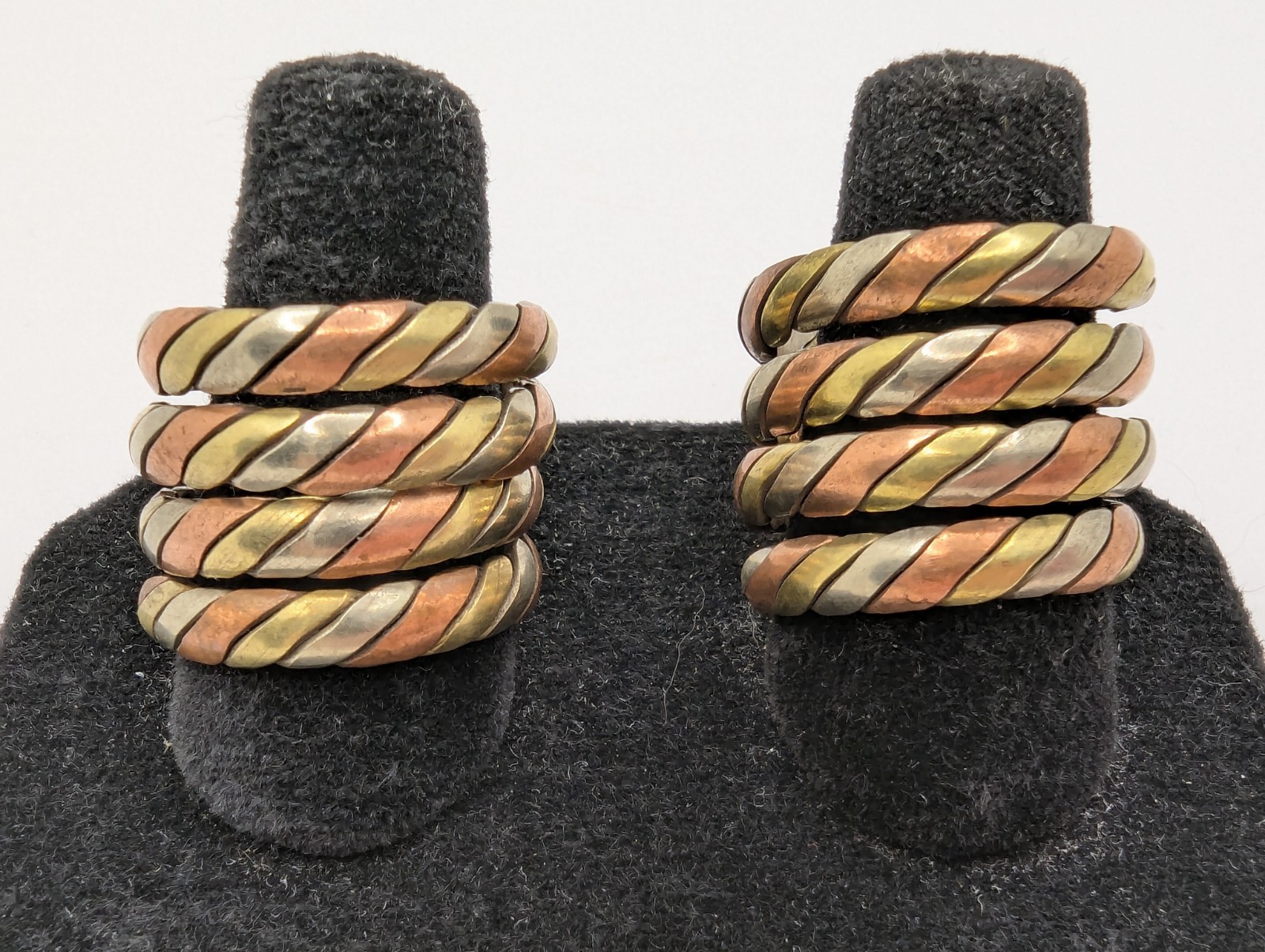 Tibetan Three Metal Coil Rings. Brass, Copper & Silver Tone Metals. Pair Of 2