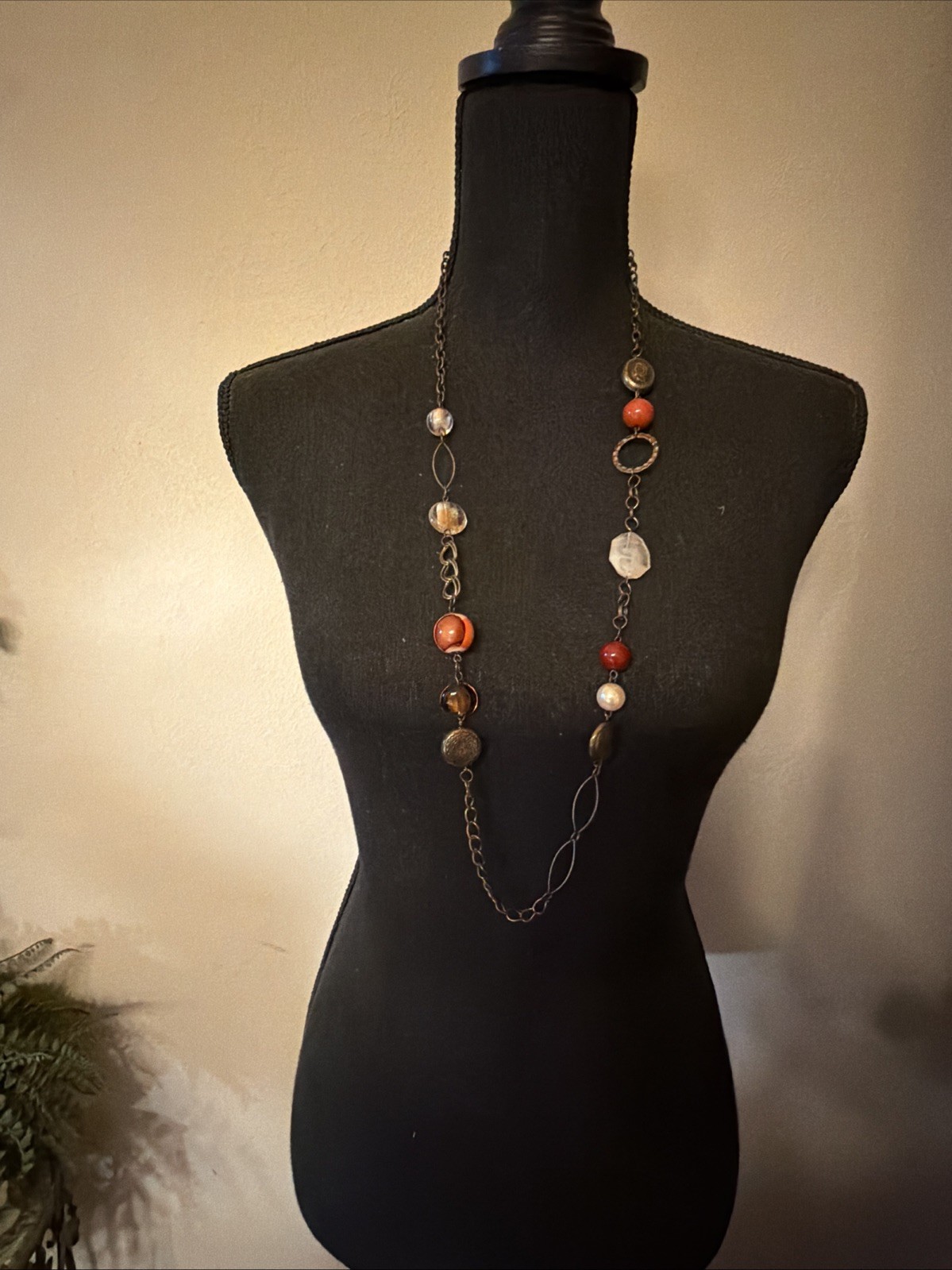 Long Necklace Round Amber Beads Glass Beads Decorative Metal Beads Brass Tone