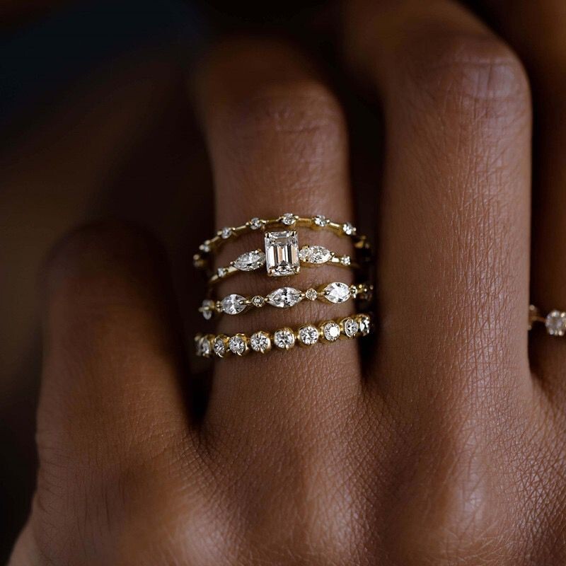 ONE SET 4 PCS Fashion Women 18K Gold Plated CZ Sparkling Band Ring