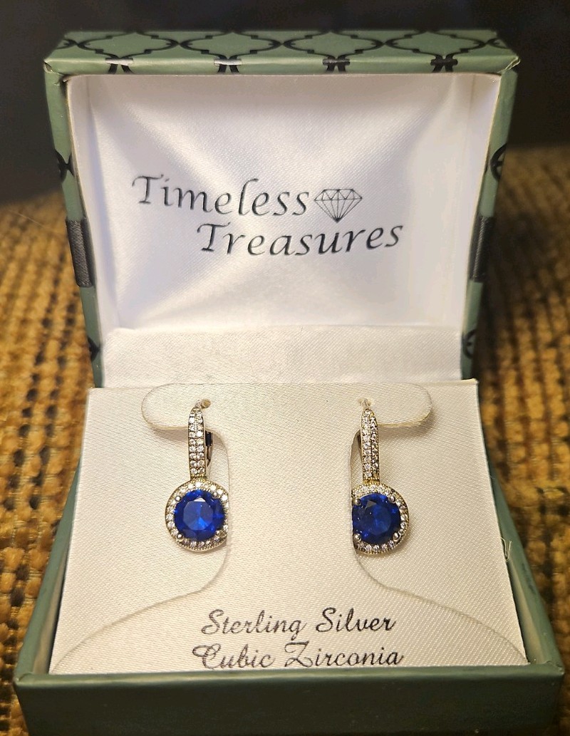 Timeless Treasures Sterling Silver & Cubic Zirconia Earrings, Sapphire Tone Gem