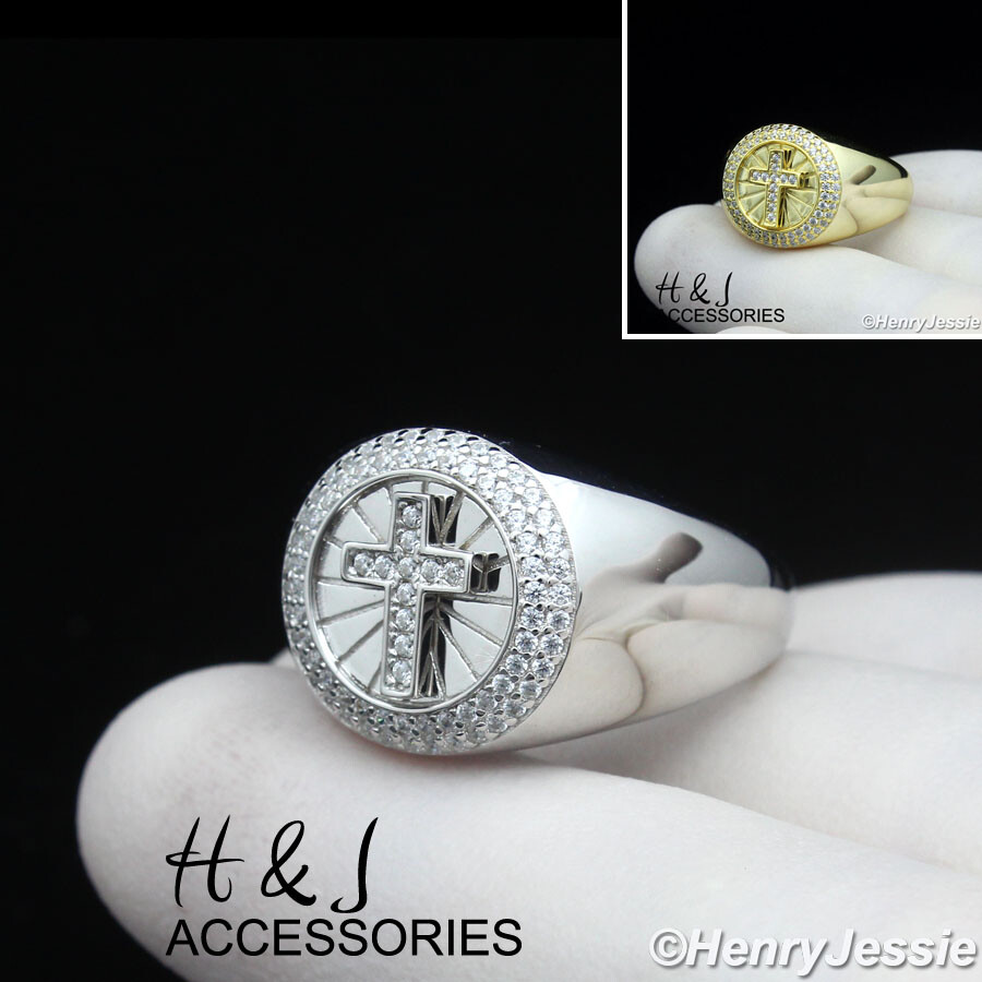 MEN 925 STERLING SILVER ICY BLING CZ GOLD PLATED/SILVER 3D CROSS ROUND RING*R196