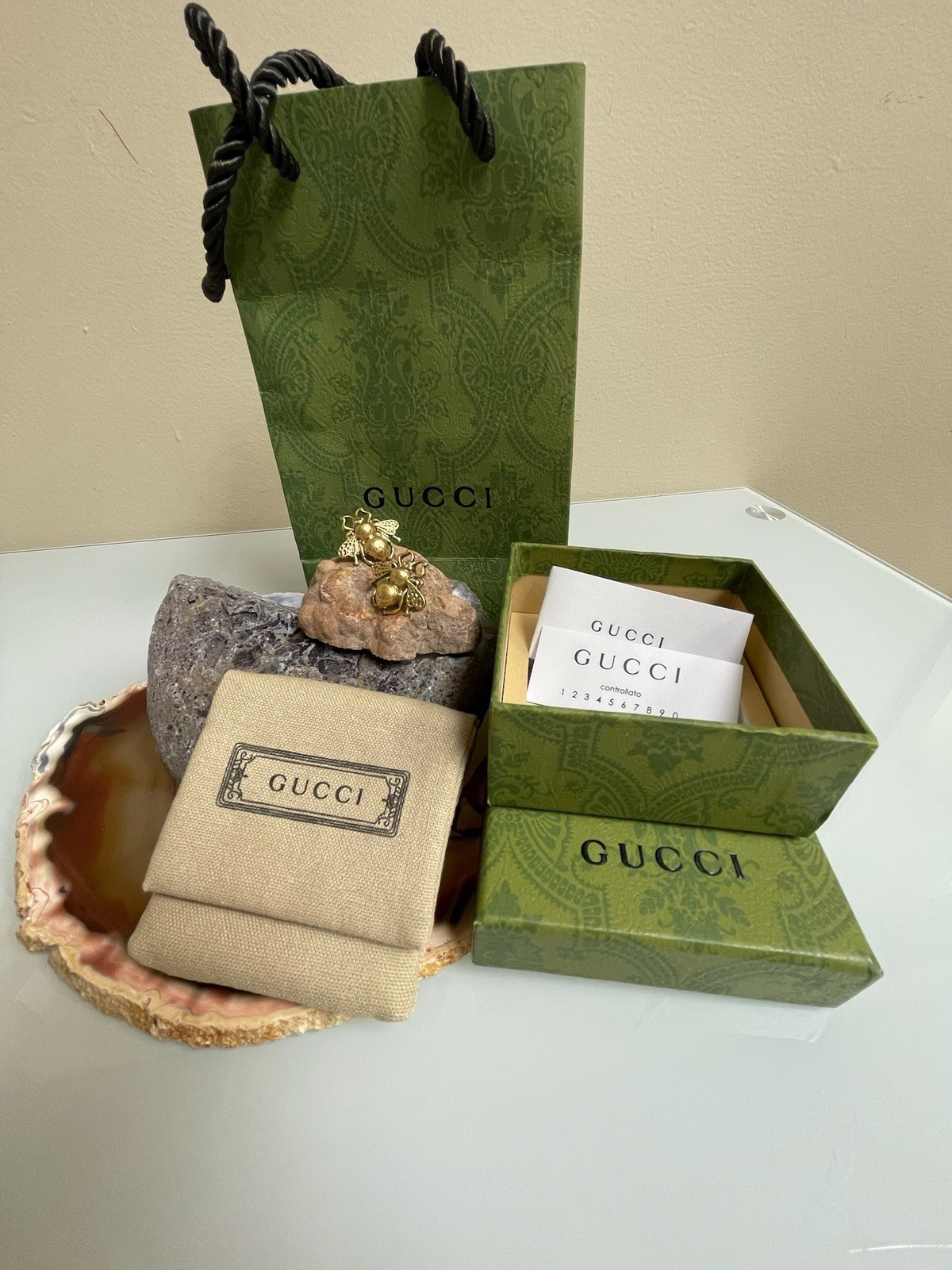 GUCCI Gold Tone Bees Pierced Stud Earrings W/Pouch, Box, Bag, Ribbon