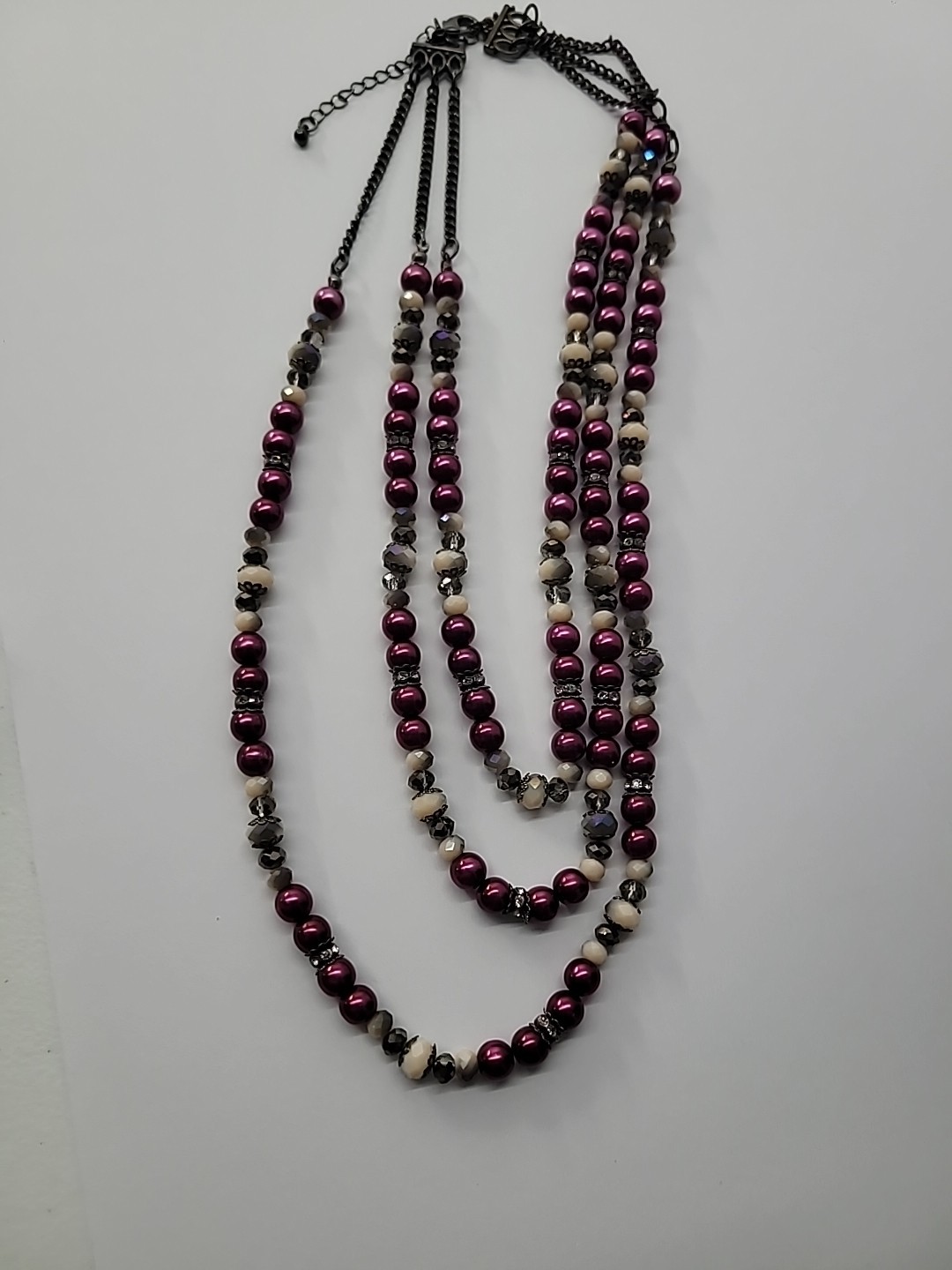 Vintage Necklace Beaded Pink Purple White Crystals Jewelry Costume