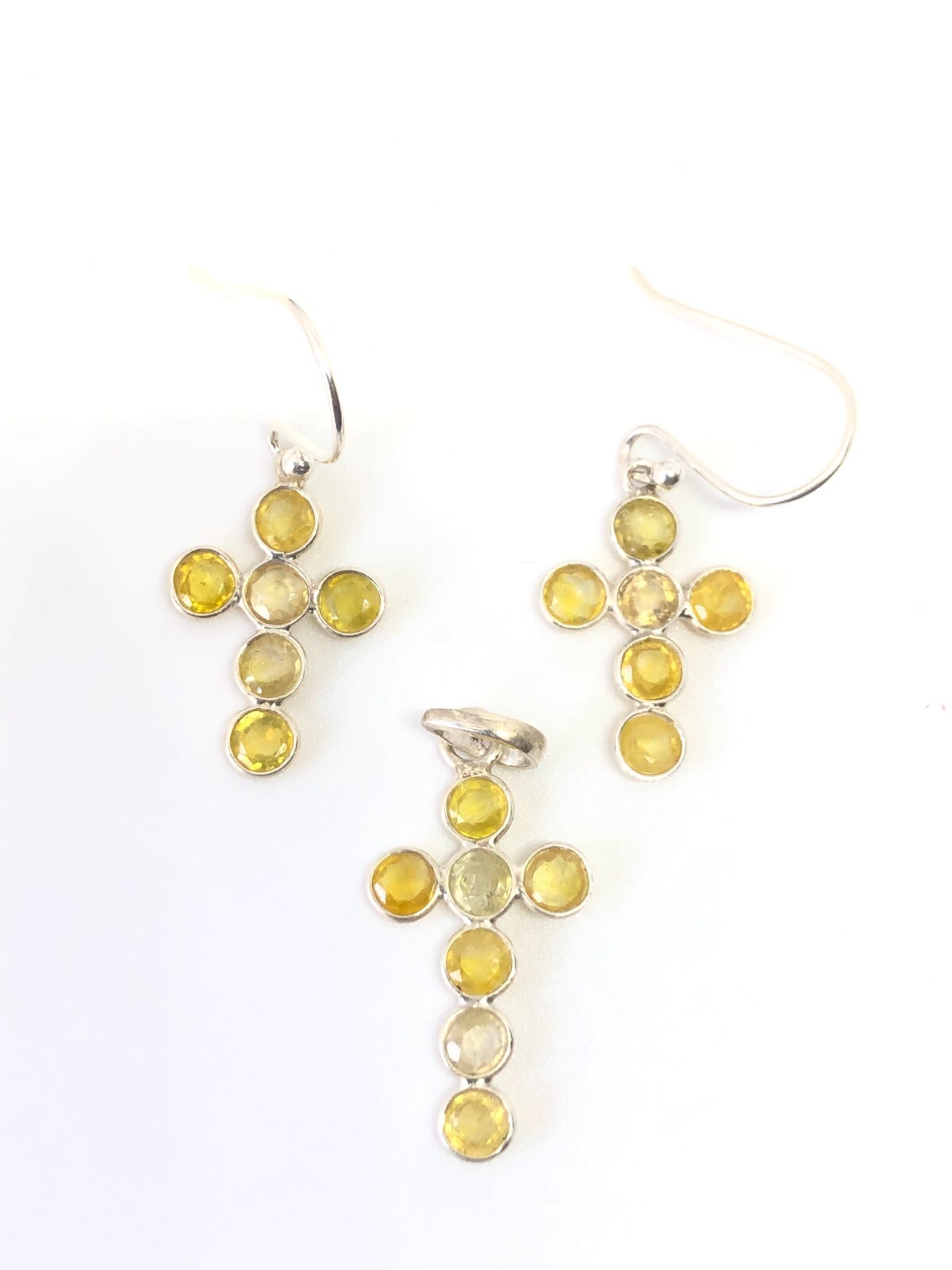 Yellow Sapphire Plain Cross Pendant Earring Silver Set,Best Christian Gifts 1015