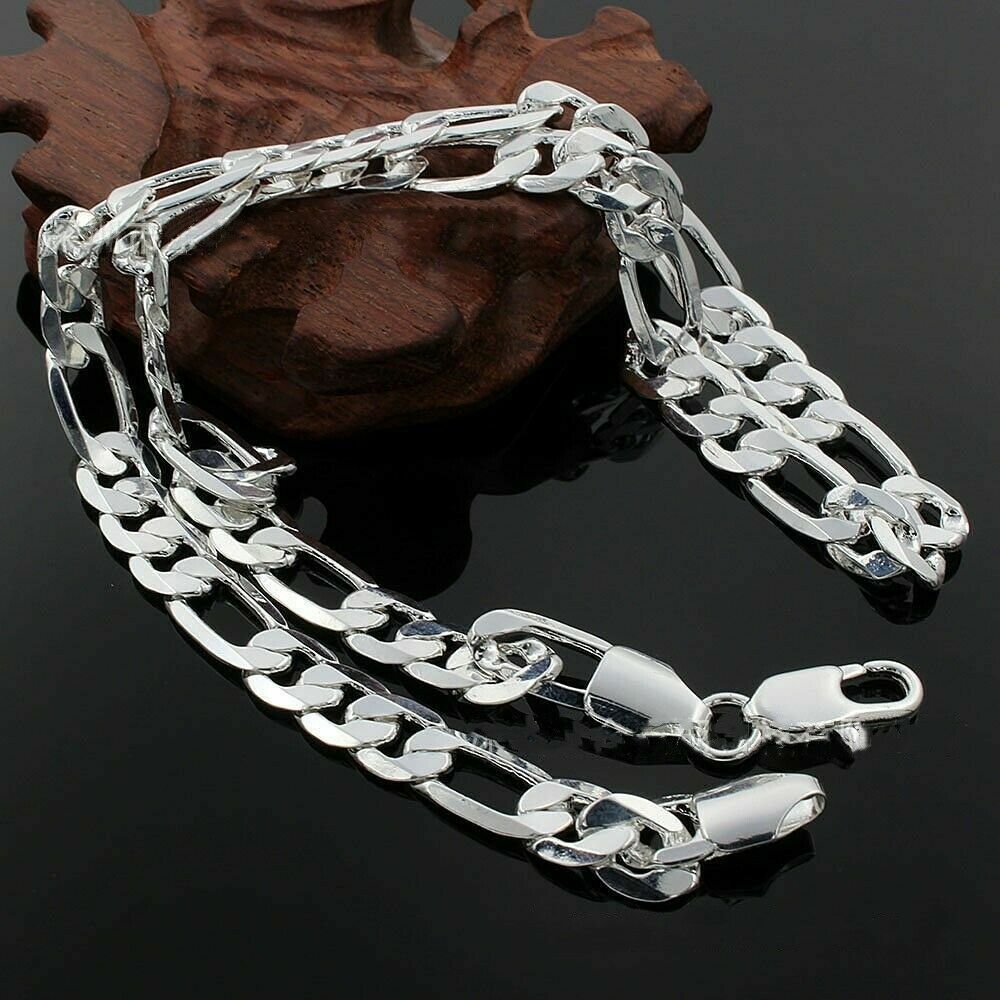 Mens 925 Sterling Silver 8mm wide Figaro Cuban Link Chain Necklace 18-24 Inches