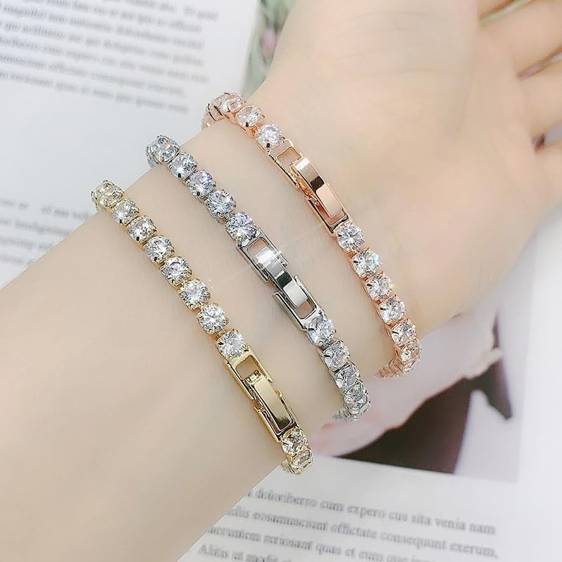 4mm Cubic Zirconia Tennis Bracelet Stainless Steel Silver Chain for women, 18…