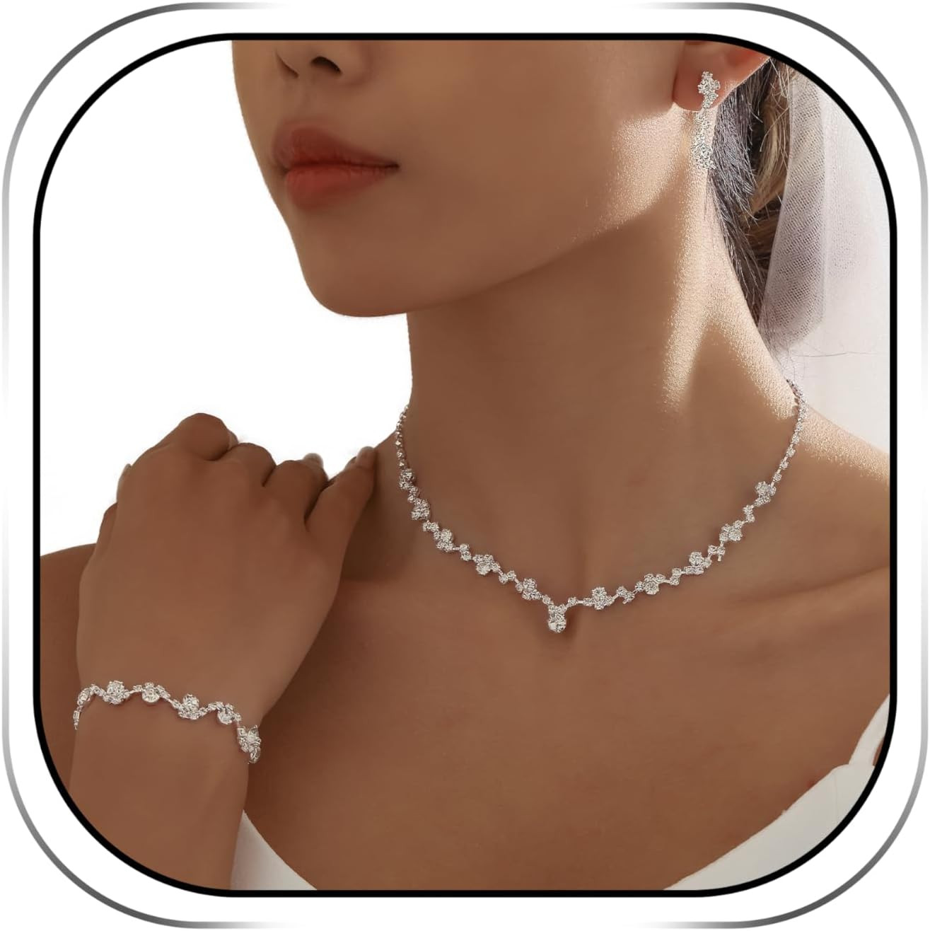 3PCS Silver Wedding Jewelry Set for Women Brides Rhinestone Necklace Earrings Br