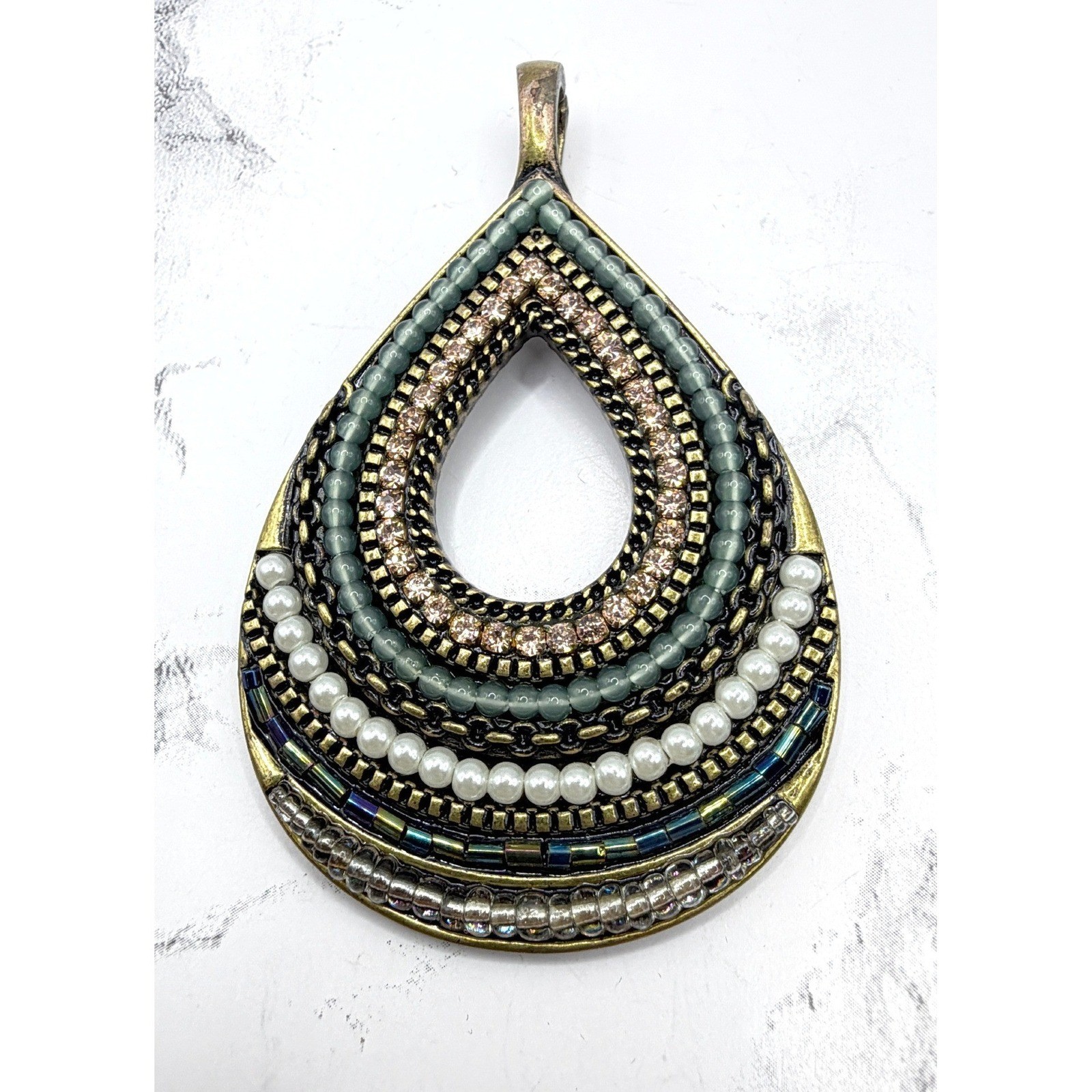 Large Boho Teardrop Pendant Rhinestone Seed Bead Statement Pendant 3.25