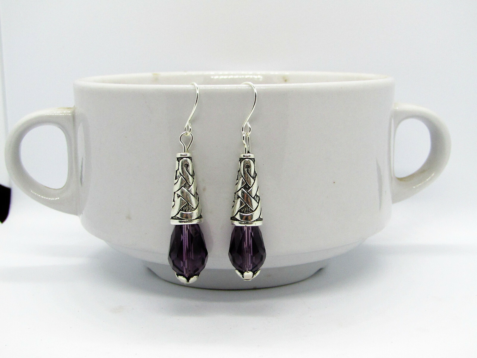 Purple Teardrop Crystal Decorative Cone Silver Dangle Earrings USA MADE