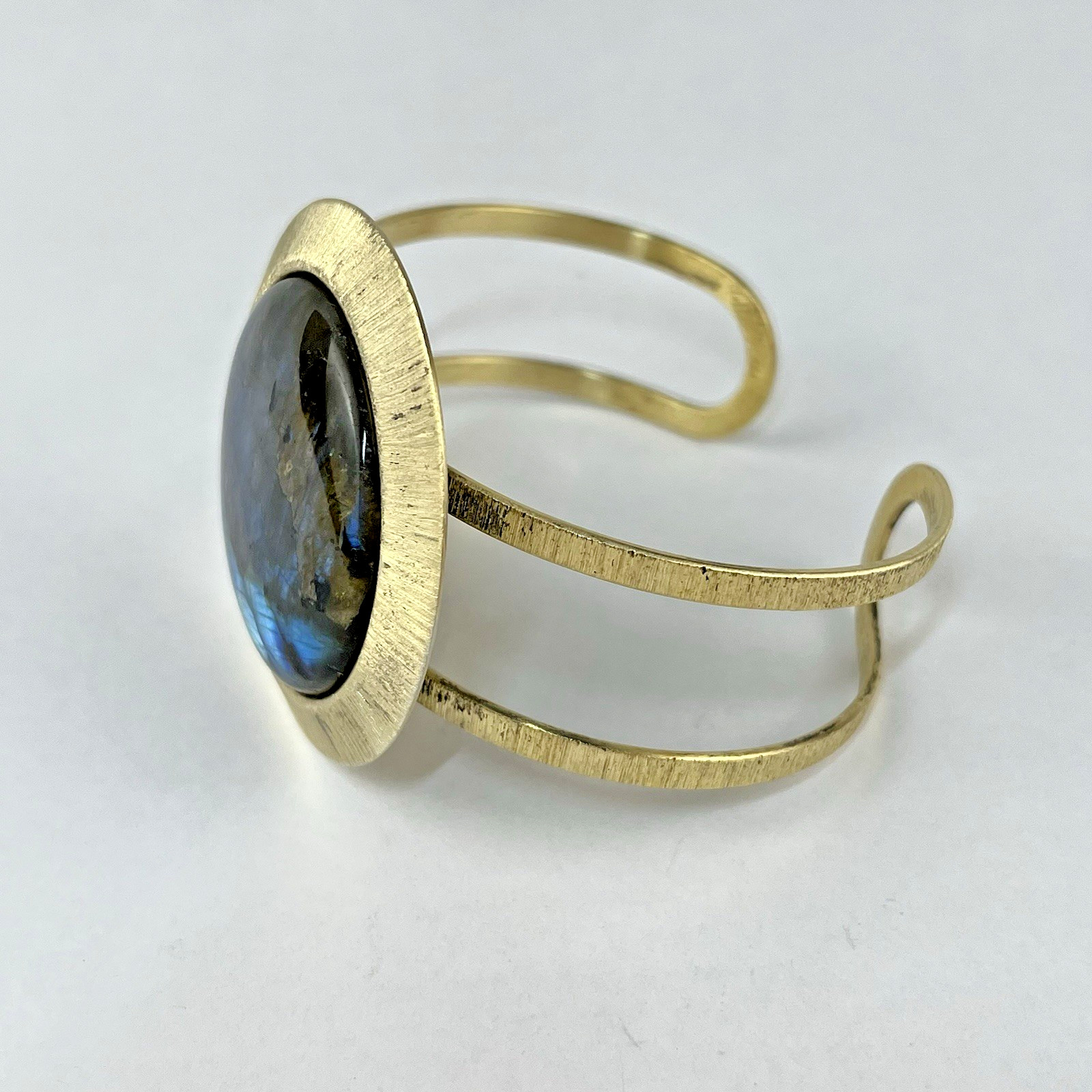 Vintage Sterling Silver Round Labradorite Gold Vermeil Modernist Cuff Bracelet