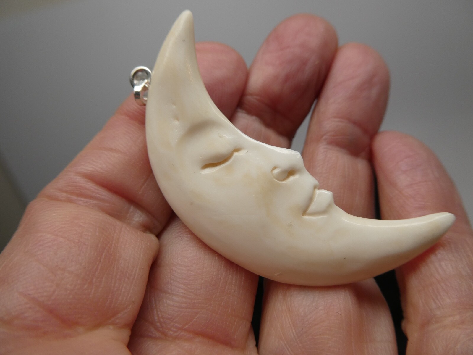 Crescent Half MOON Double Sided Face Carved Water Buffalo Bone Pendant Necklace